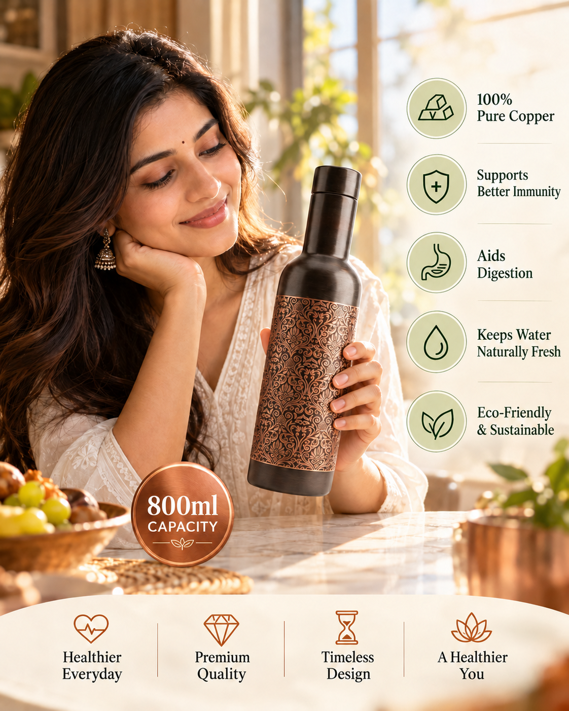 Luxury Antique Finish Copper Water Bottle 800ML – Leak-Proof Engraved Damask Pattern Designer Ayurveda Flask with Dark Brushed Finish