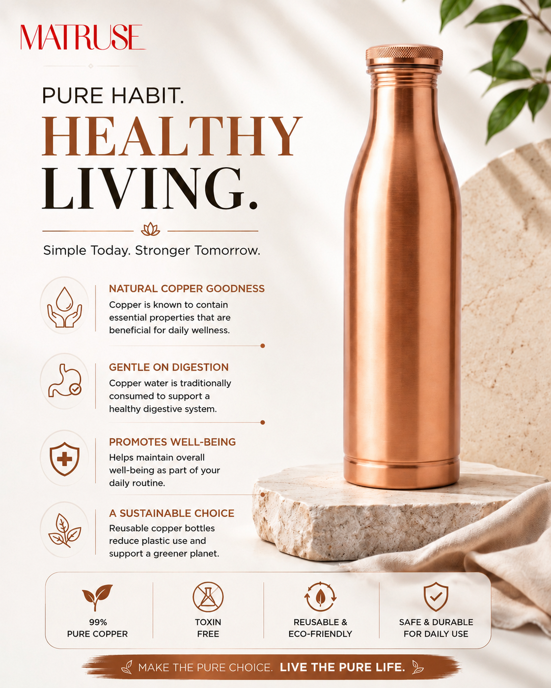 Premium Pure Copper Water Bottle – 950ml Tapered Ergonomic Silhouette, Leak-Proof Matte Finish Ayurveda Health Flask with Knurled Flat Top Cap