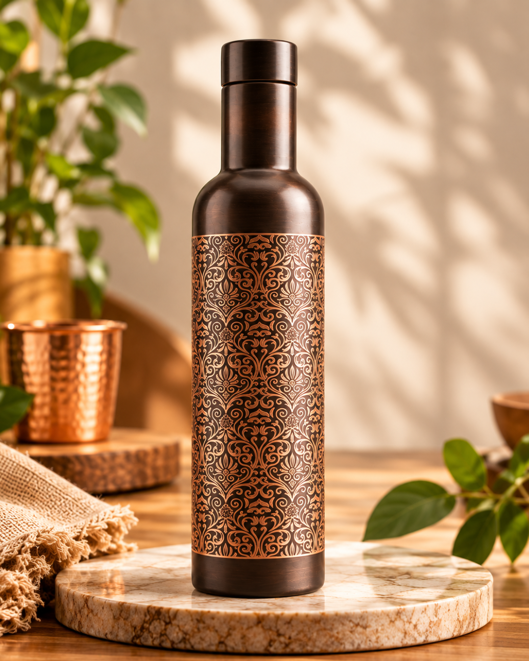 Luxury Antique Finish Copper Water Bottle 800ML – Leak-Proof Engraved Damask Pattern Designer Ayurveda Flask with Dark Brushed Finish