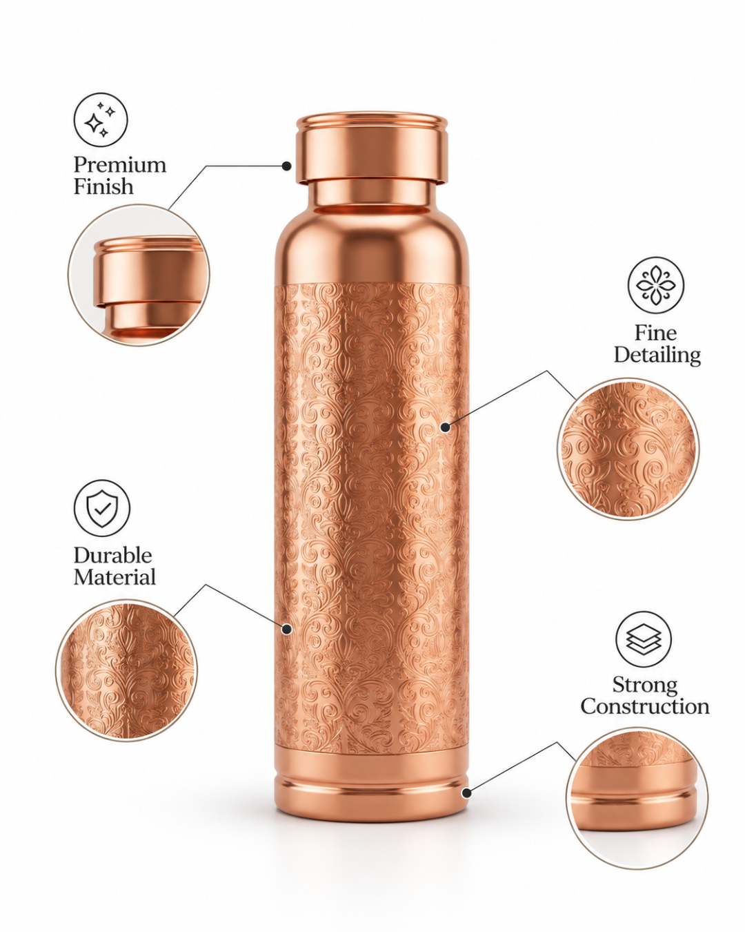 Premium Engraved Pure Copper Water Bottle – 900ml Leak-Proof Designer Ayurveda Health Flask with Luxury Damask Filigree Pattern & Flat Top Cap