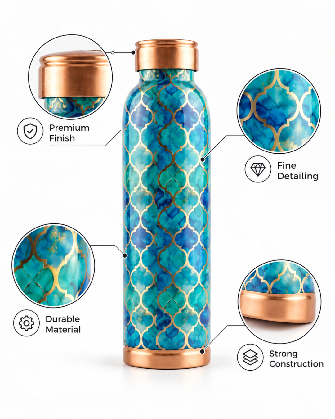 Premium Printed Copper Water Bottle 950ml with Luxury Moroccan Trellis Pattern – Leak-Proof Designer Ayurveda Health Flask for Wellness, Travel, and Office