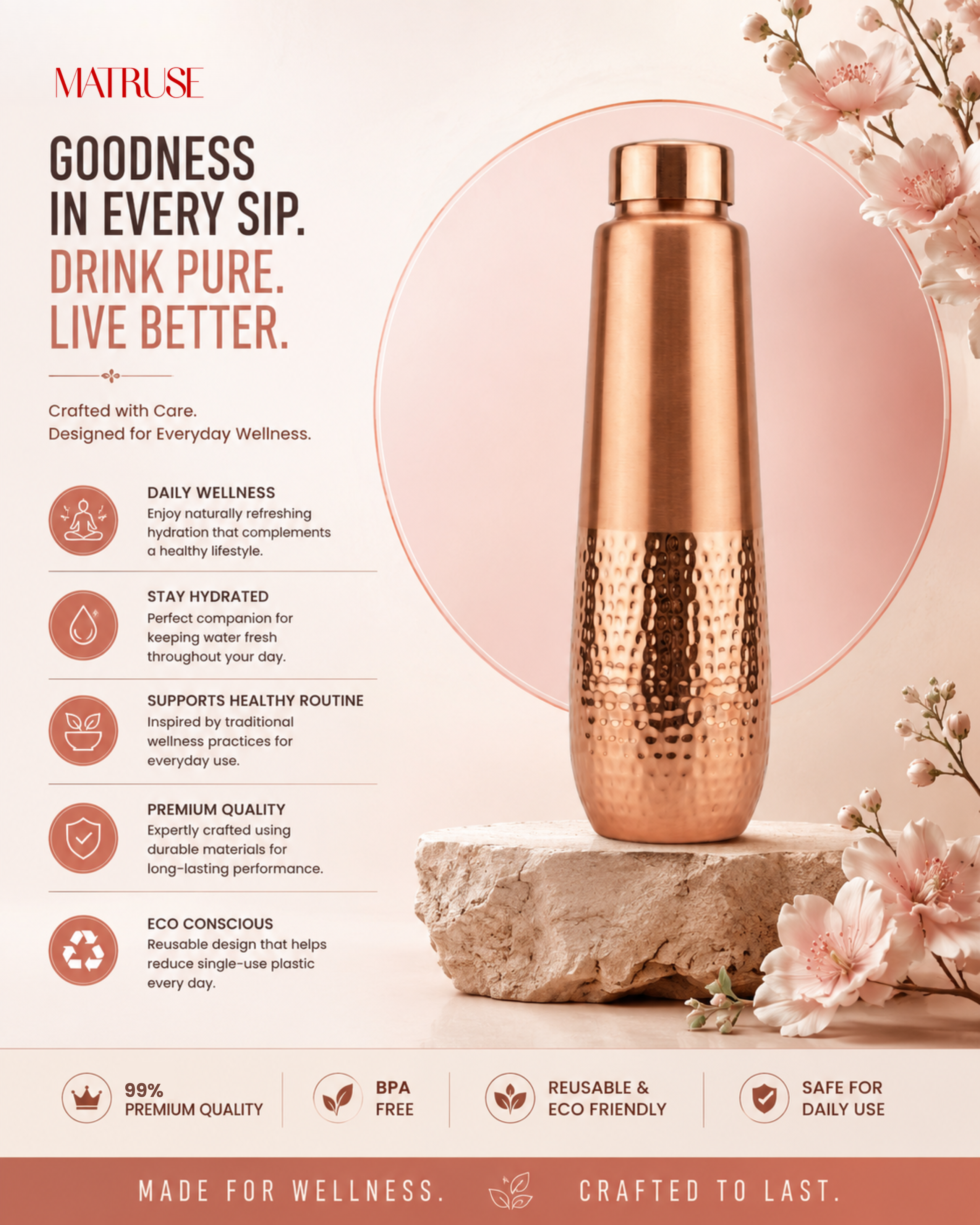 Premium Ergonomic Half-Hammered Copper Water Bottle 950ml – Leak-Proof Designer Ayurveda Flask for Sports, Gym, and Daily Hydration