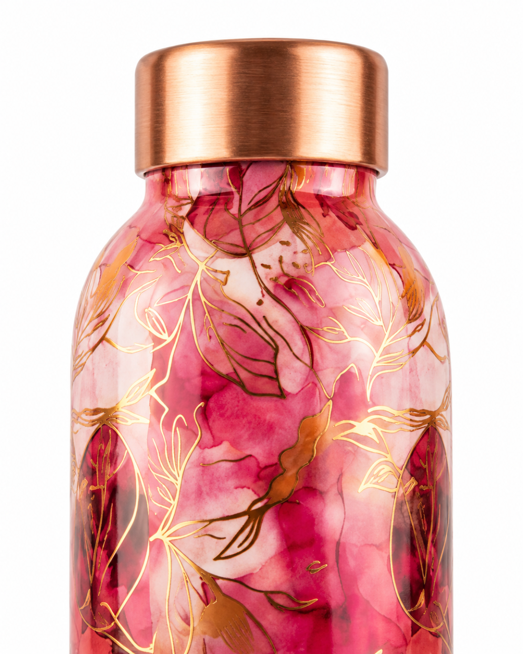 Premium Printed Copper Water Bottle 950ml with Luxury Pink Floral Design – Leak-Proof Designer Ayurveda Health Flask with Elegant Gold Accents