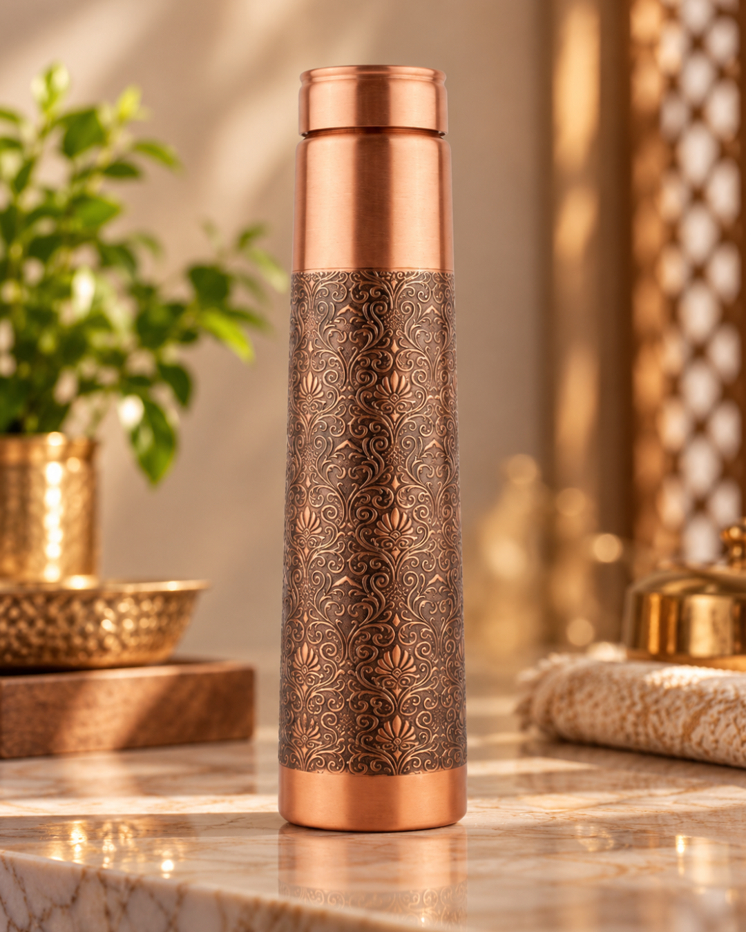Premium Half-Engraved Pure Copper Water Bottle 800ml – Leak-Proof Tapered Designer Ayurveda Flask with Luxury Damask Filigree Pattern