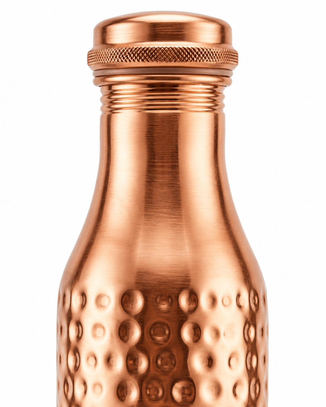 Premium Hammered Pure Copper Water Bottle 850ml with Tapered Neck – Leak-Proof Designer Ayurveda Health Flask with Knurled Dome Cap for Wellness, Gym, and Office