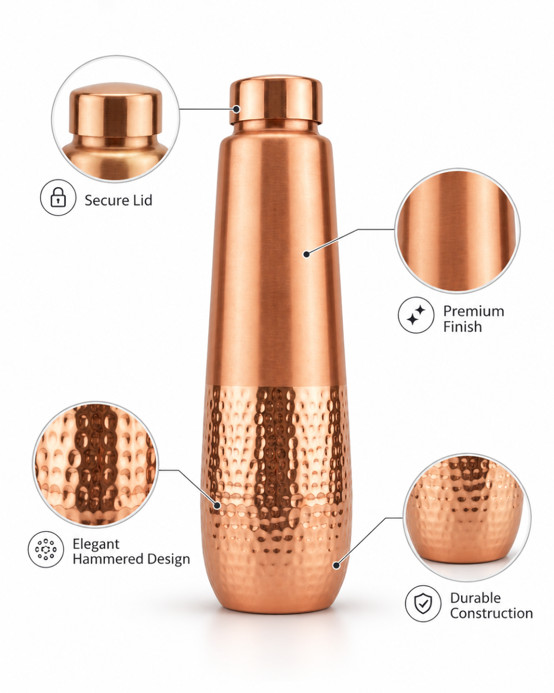 Premium Ergonomic Half-Hammered Copper Water Bottle 950ml – Leak-Proof Designer Ayurveda Flask for Sports, Gym, and Daily Hydration