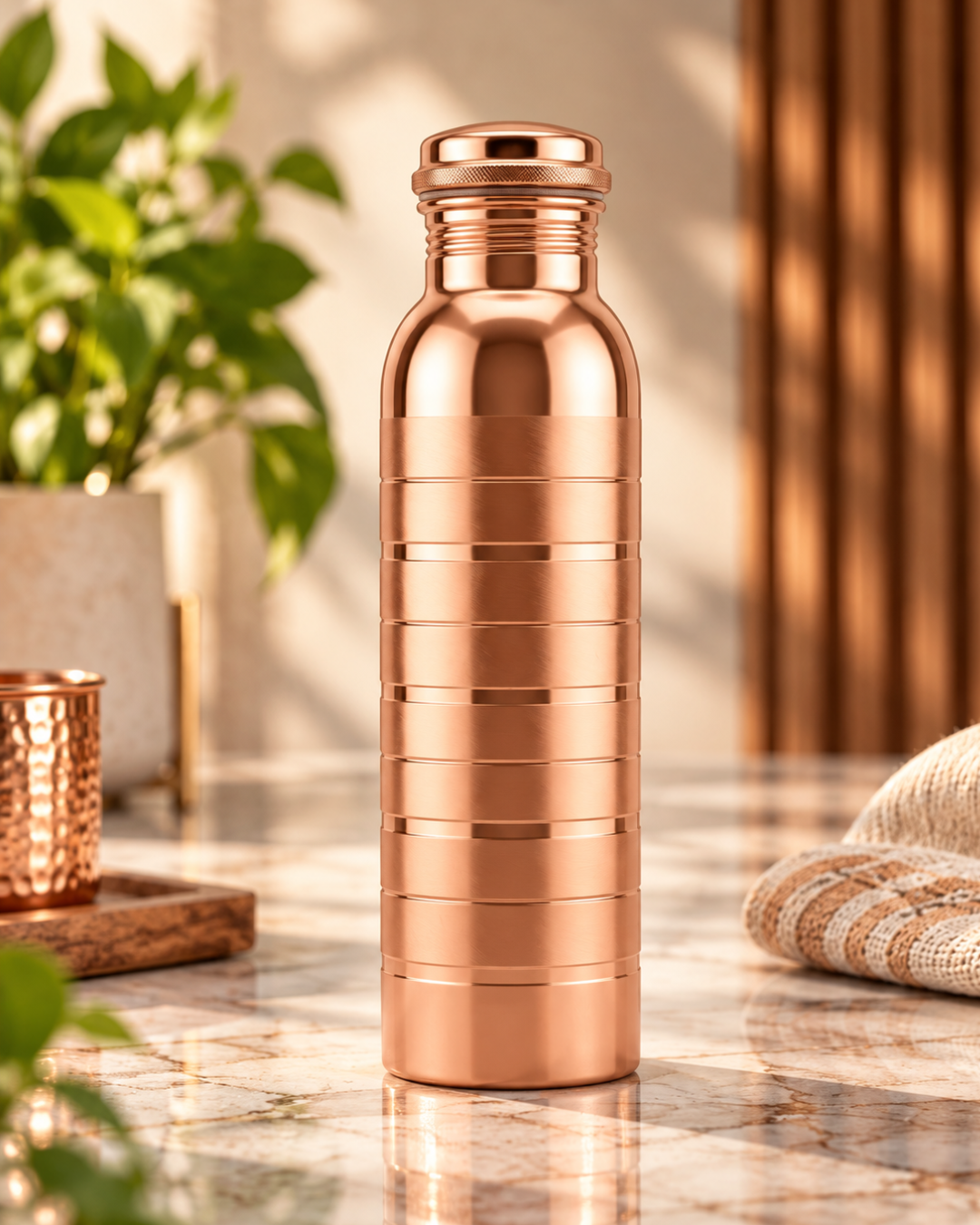 Premium Pure Copper Water Bottle with Horizontal Ring Linear Design – Leak-Proof Designer Ayurveda Health Flask with Matte & Glossy Accents