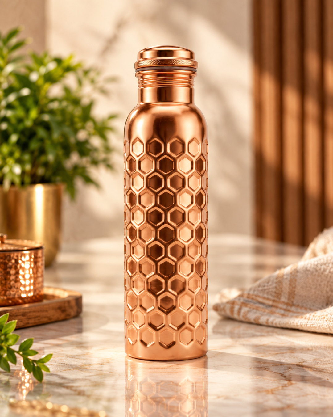 Premium Pure Copper Water Bottle 900ml with Honeycomb Hammered Design – Leak-Proof Ayurveda Health Flask for Wellness, Yoga, and Daily Hydration