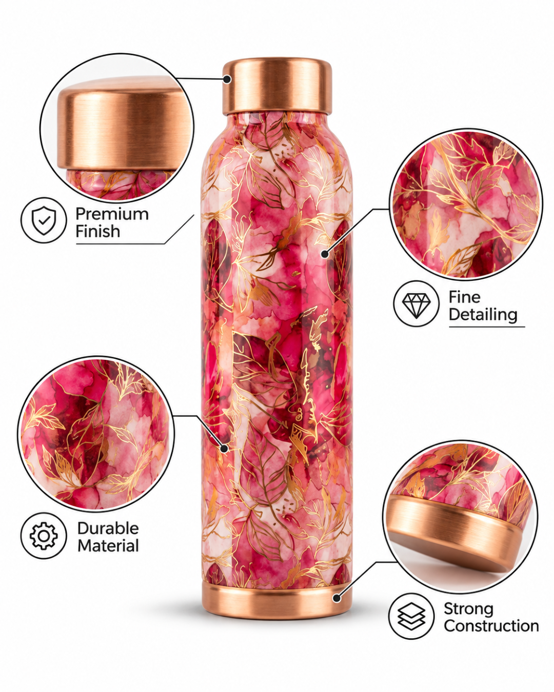 Premium Printed Copper Water Bottle 950ml with Luxury Pink Floral Design – Leak-Proof Designer Ayurveda Health Flask with Elegant Gold Accents