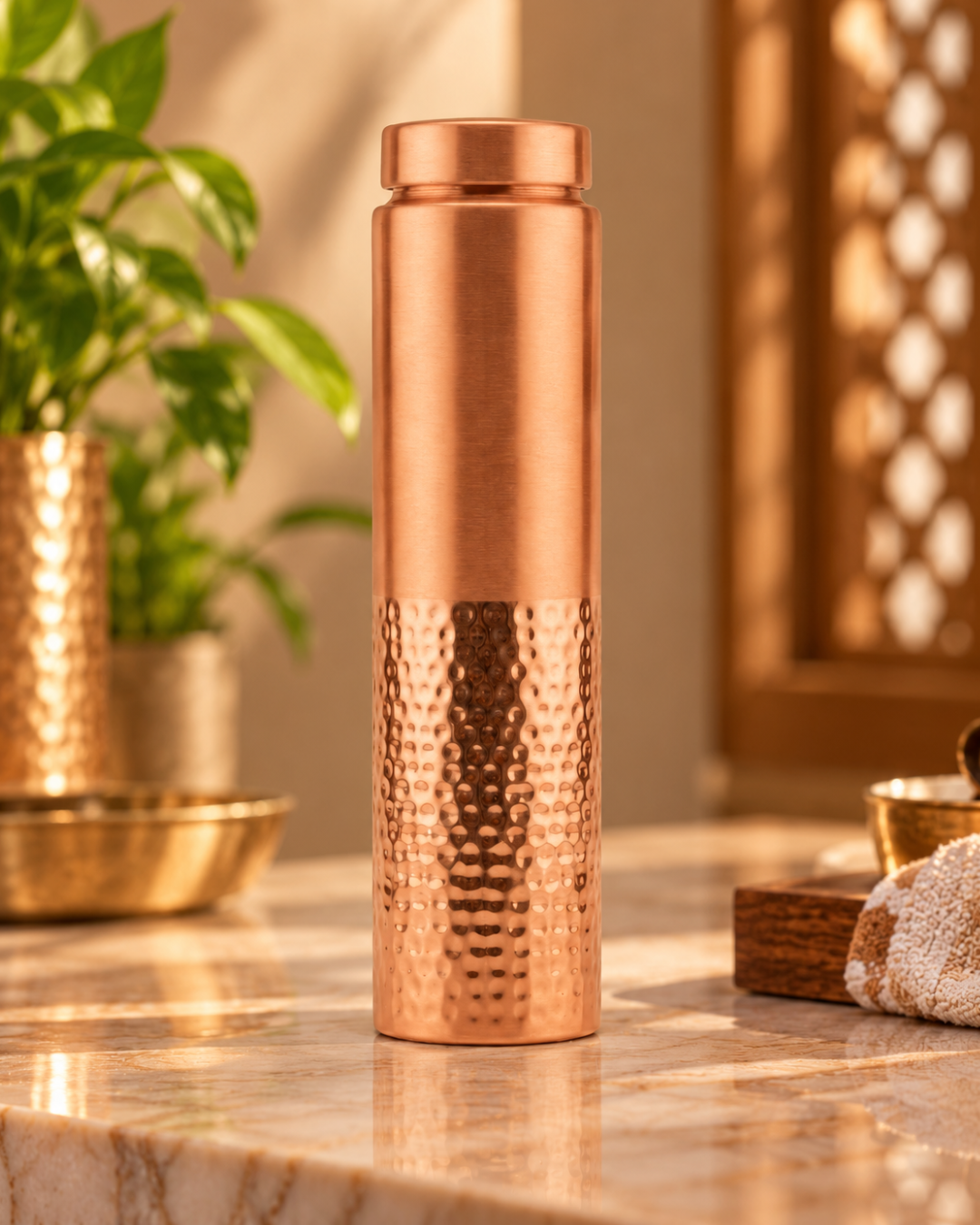 Premium Half-Hammered Pure Copper Water Bottle 950ml – Leak-Proof Dual-Texture Designer Ayurveda Flask for Fitness, Yoga, and Home Wellness