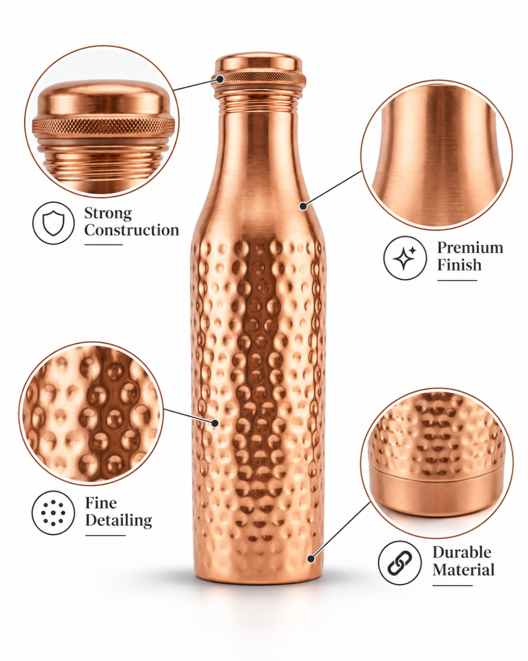 Premium Hammered Pure Copper Water Bottle 850ml with Tapered Neck – Leak-Proof Designer Ayurveda Health Flask with Knurled Dome Cap for Wellness, Gym, and Office