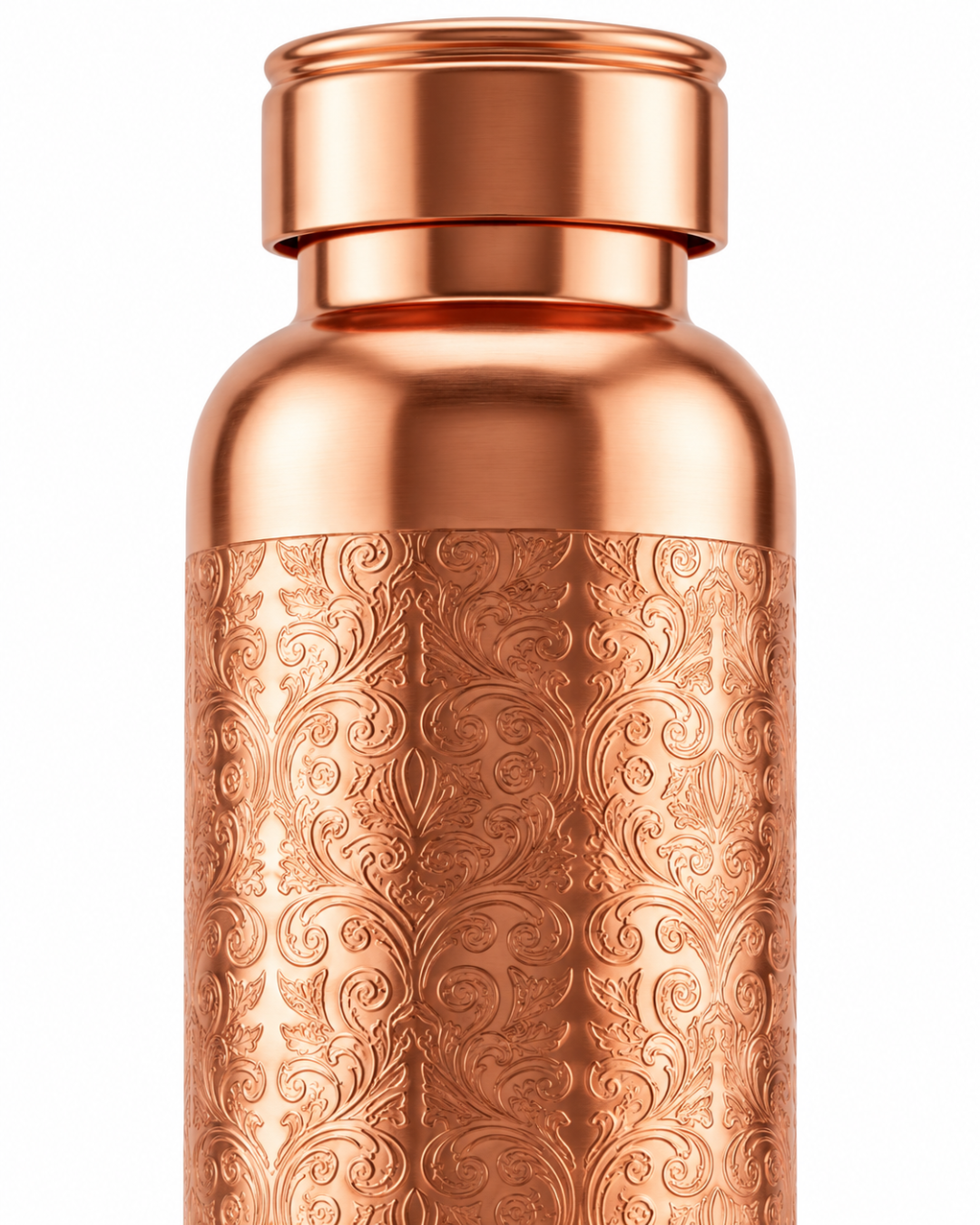 Premium Engraved Pure Copper Water Bottle – 900ml Leak-Proof Designer Ayurveda Health Flask with Luxury Damask Filigree Pattern & Flat Top Cap