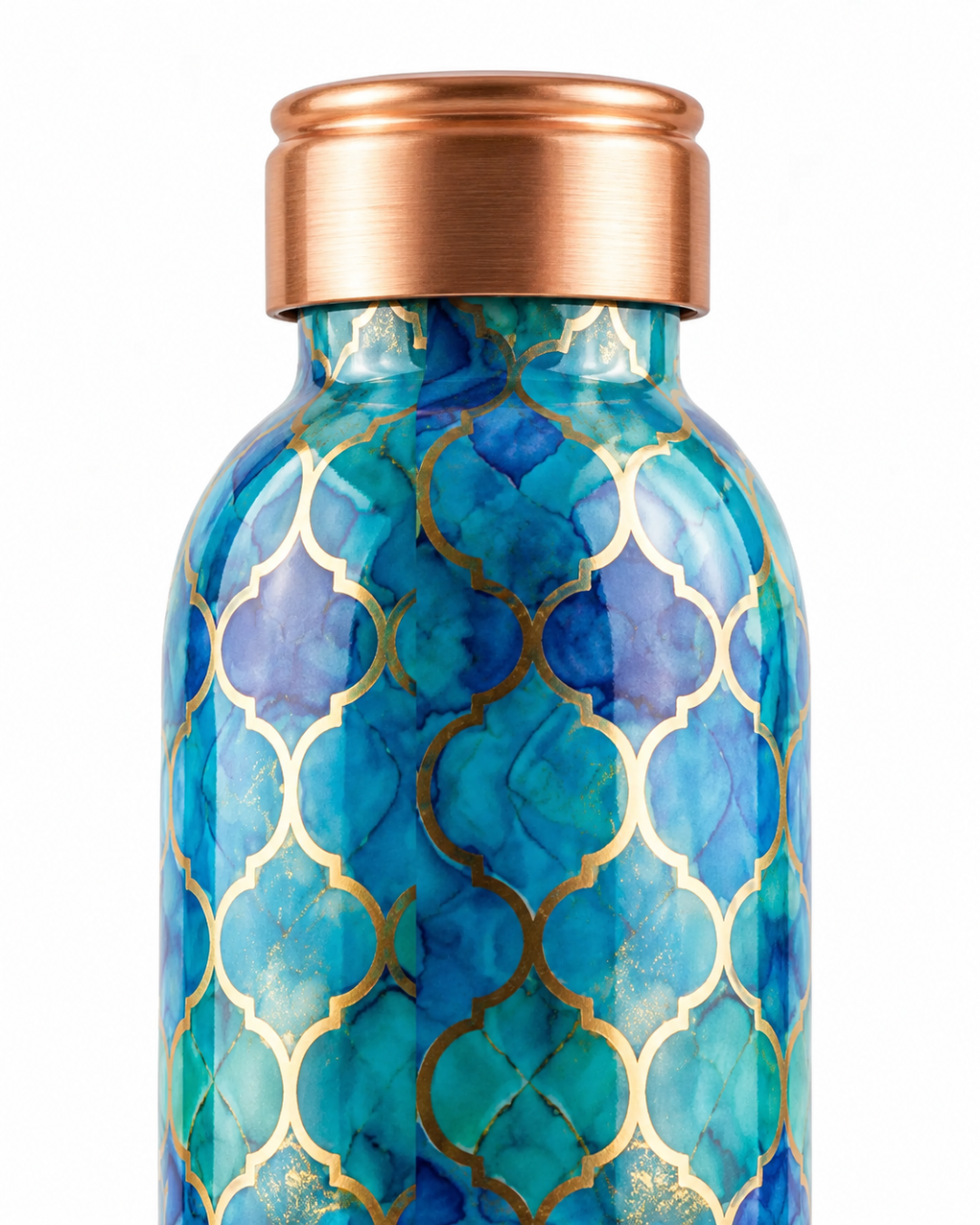 Premium Printed Copper Water Bottle 950ml with Luxury Moroccan Trellis Pattern – Leak-Proof Designer Ayurveda Health Flask for Wellness, Travel, and Office