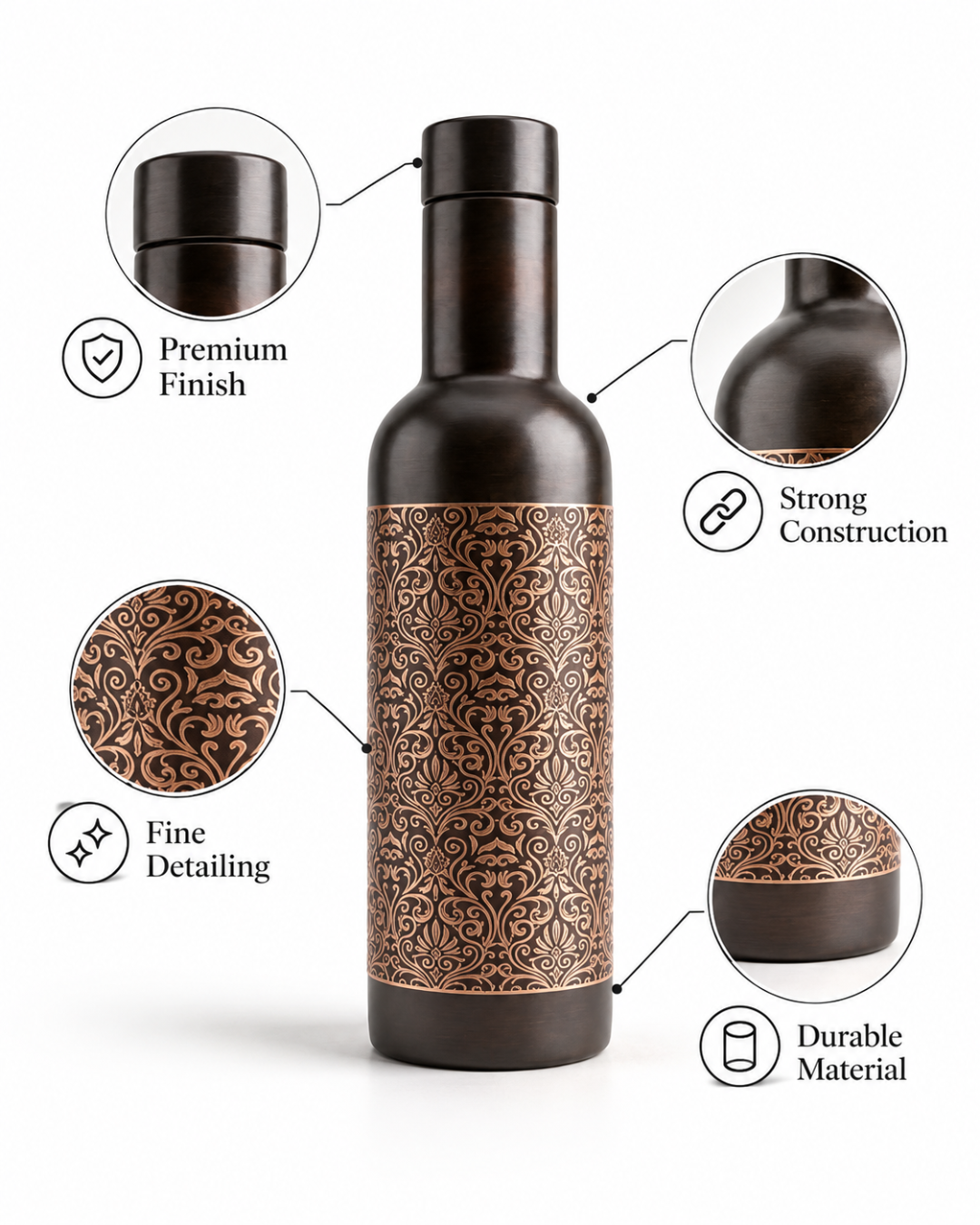 Luxury Antique Finish Copper Water Bottle 800ML – Leak-Proof Engraved Damask Pattern Designer Ayurveda Flask with Dark Brushed Finish
