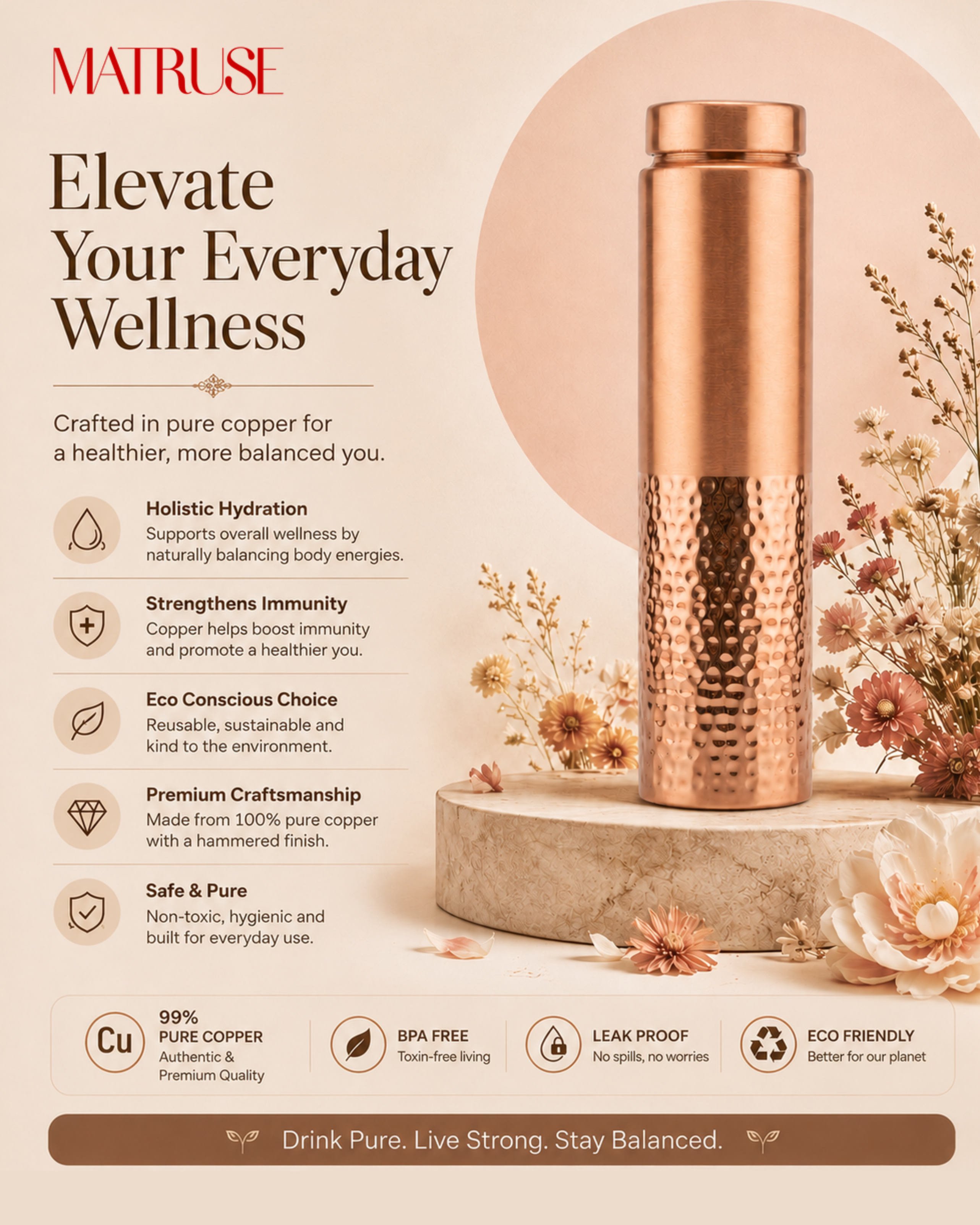 Premium Half-Hammered Pure Copper Water Bottle 950ml – Leak-Proof Dual-Texture Designer Ayurveda Flask for Fitness, Yoga, and Home Wellness
