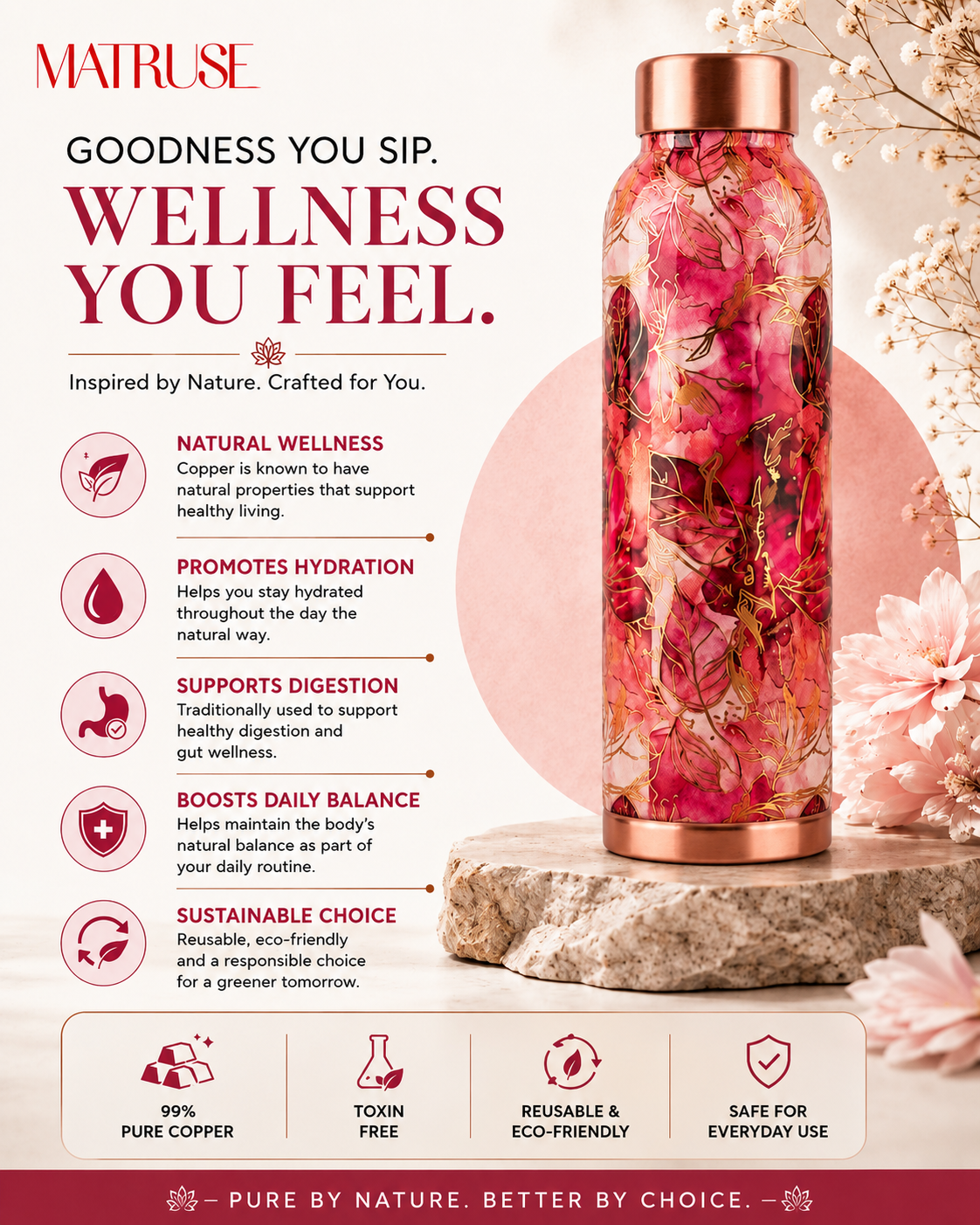 Premium Printed Copper Water Bottle 950ml with Luxury Pink Floral Design – Leak-Proof Designer Ayurveda Health Flask with Elegant Gold Accents