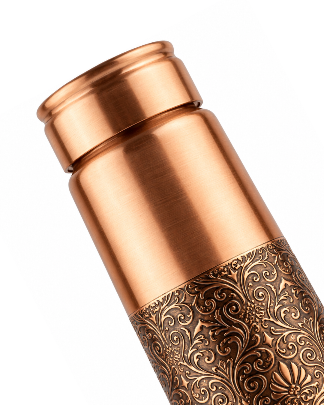 Premium Half-Engraved Pure Copper Water Bottle 800ml – Leak-Proof Tapered Designer Ayurveda Flask with Luxury Damask Filigree Pattern