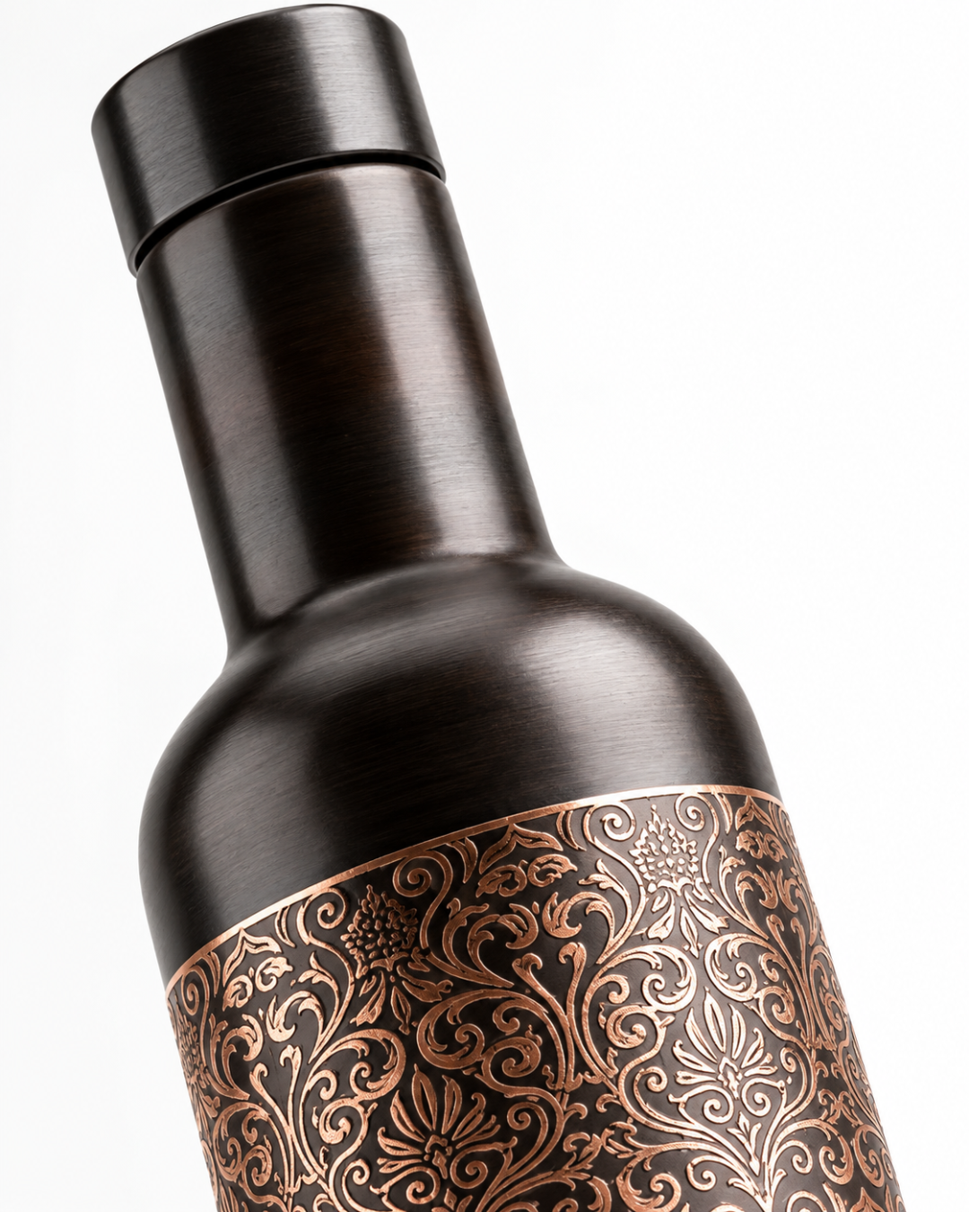 Luxury Antique Finish Copper Water Bottle 800ML – Leak-Proof Engraved Damask Pattern Designer Ayurveda Flask with Dark Brushed Finish