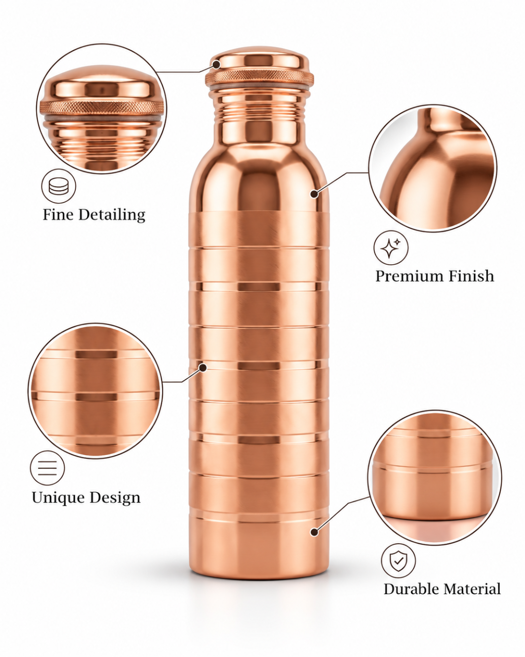 Premium Pure Copper Water Bottle with Horizontal Ring Linear Design – Leak-Proof Designer Ayurveda Health Flask with Matte & Glossy Accents