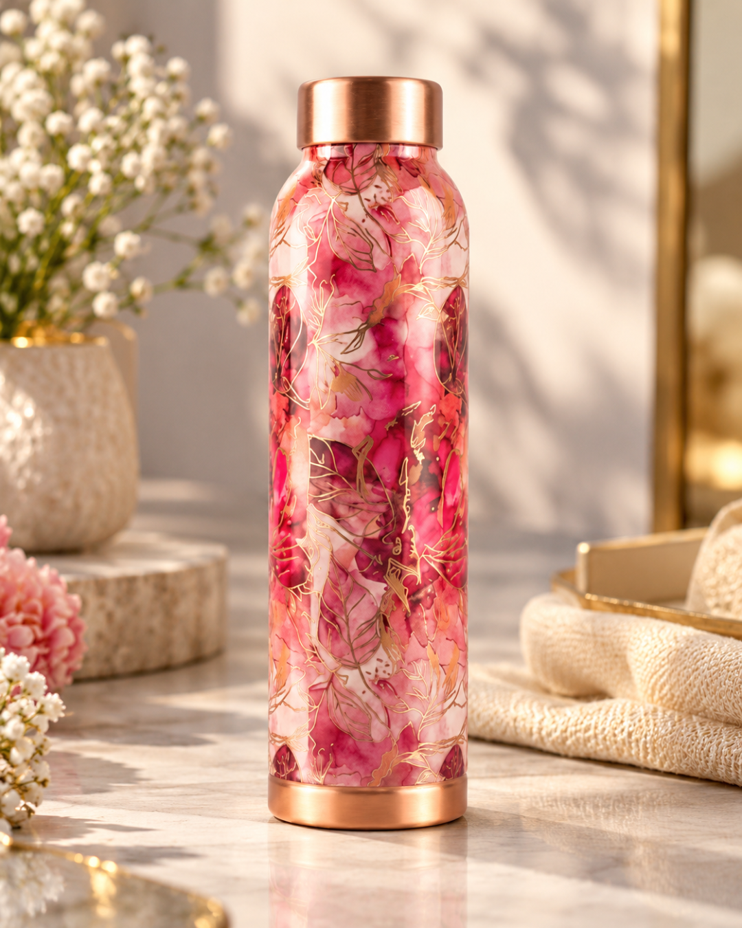 Premium Printed Copper Water Bottle 950ml with Luxury Pink Floral Design – Leak-Proof Designer Ayurveda Health Flask with Elegant Gold Accents