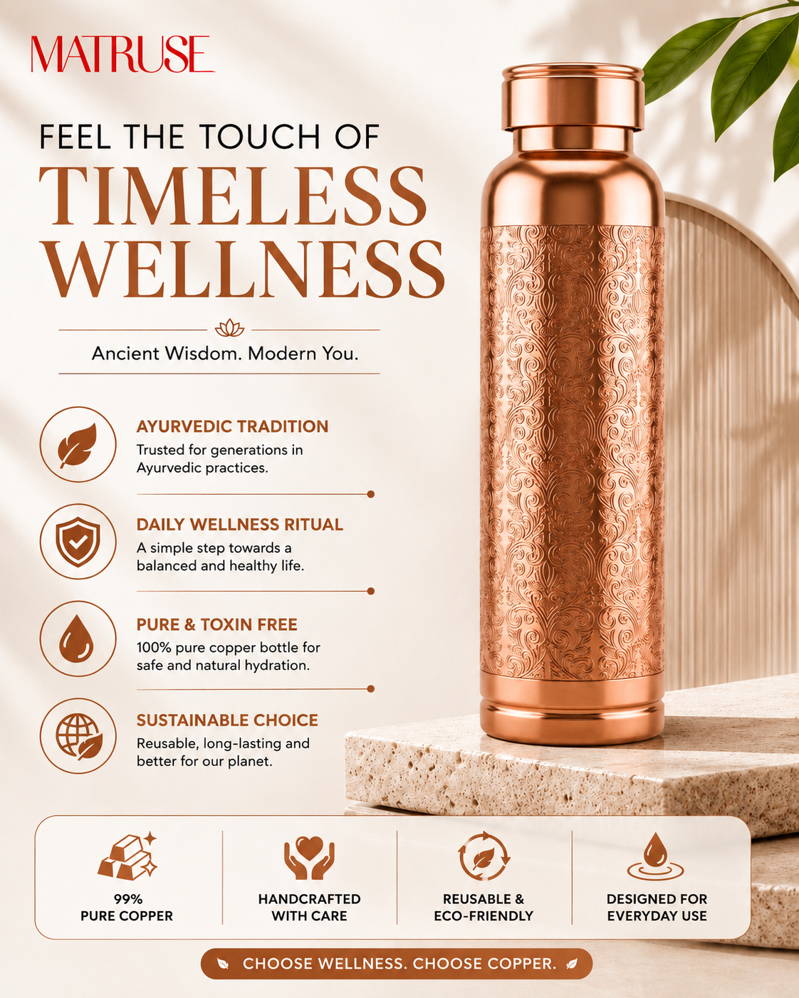 Premium Engraved Pure Copper Water Bottle – 900ml Leak-Proof Designer Ayurveda Health Flask with Luxury Damask Filigree Pattern & Flat Top Cap