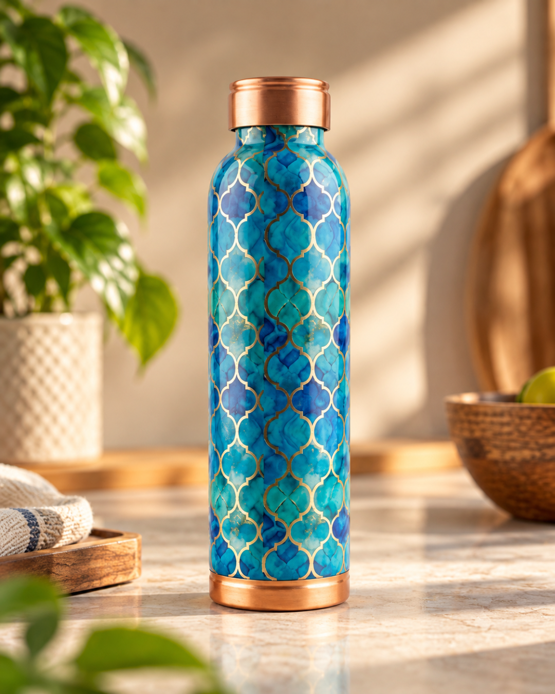 Premium Printed Copper Water Bottle 950ml with Luxury Moroccan Trellis Pattern – Leak-Proof Designer Ayurveda Health Flask for Wellness, Travel, and Office