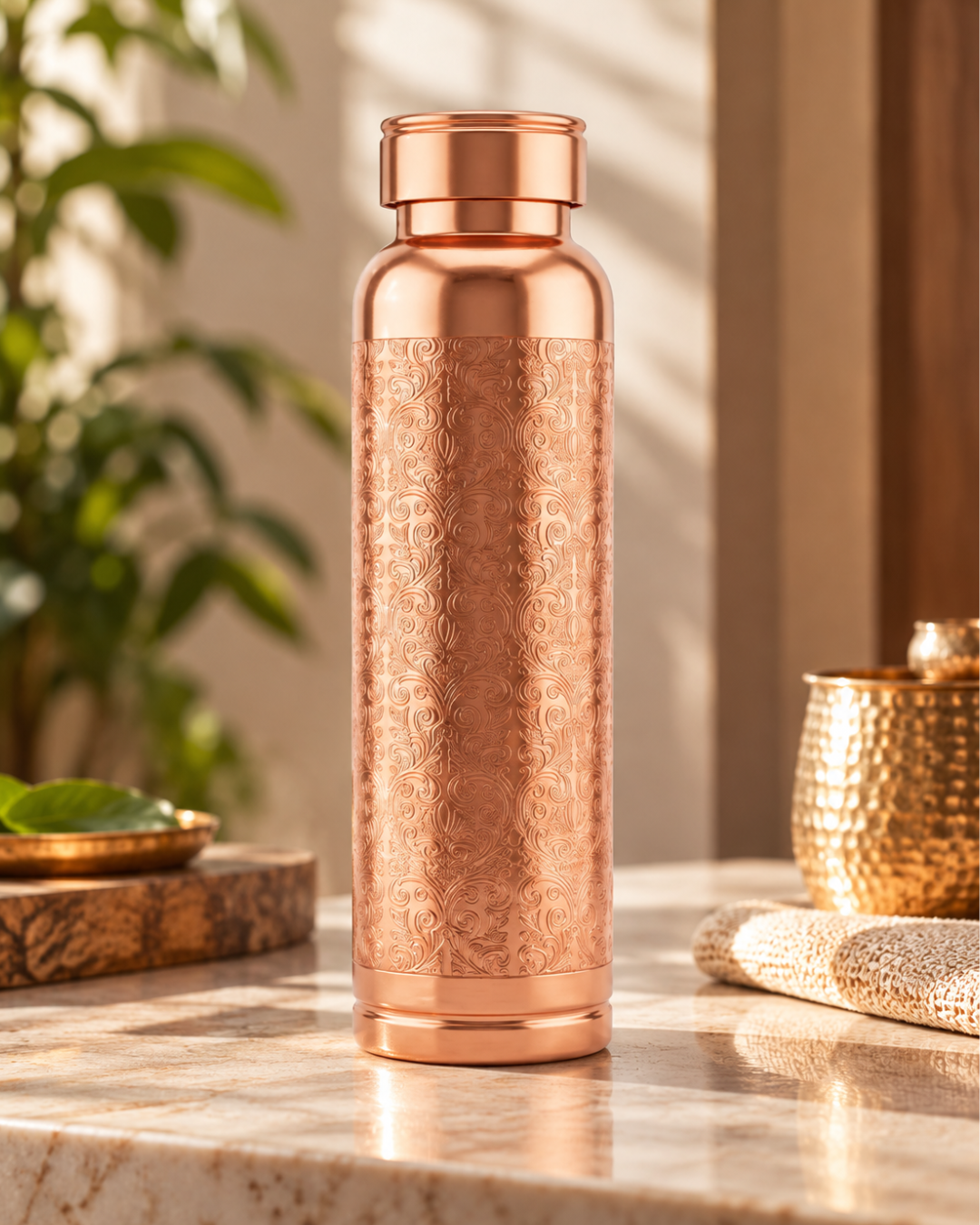 Premium Engraved Pure Copper Water Bottle – 900ml Leak-Proof Designer Ayurveda Health Flask with Luxury Damask Filigree Pattern & Flat Top Cap