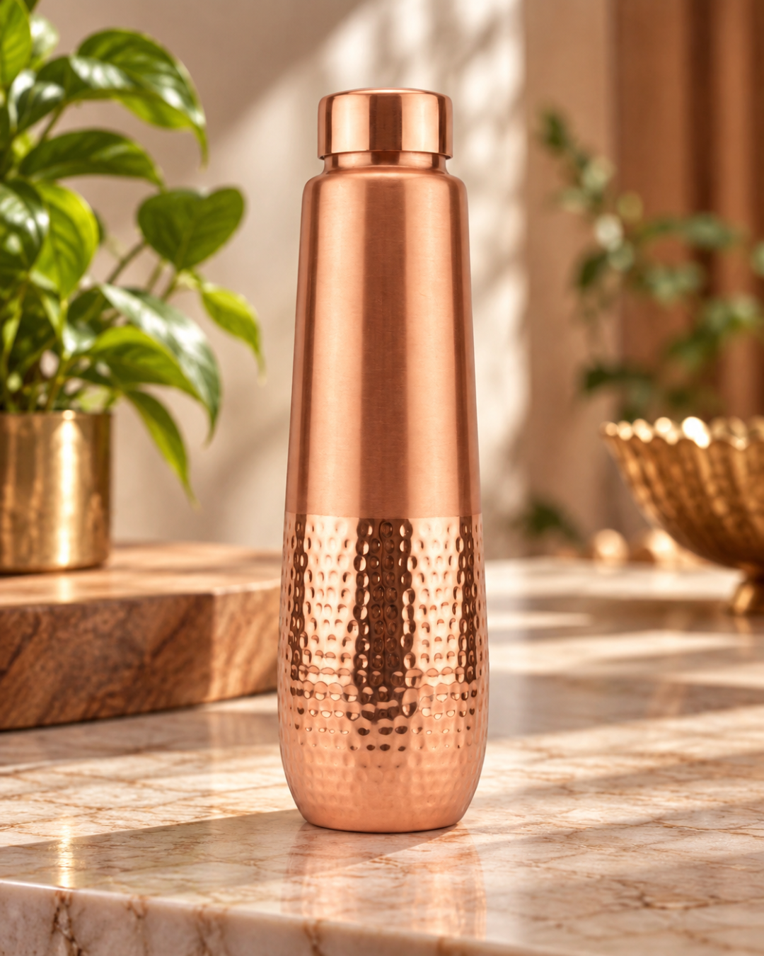 Premium Ergonomic Half-Hammered Copper Water Bottle 950ml – Leak-Proof Designer Ayurveda Flask for Sports, Gym, and Daily Hydration