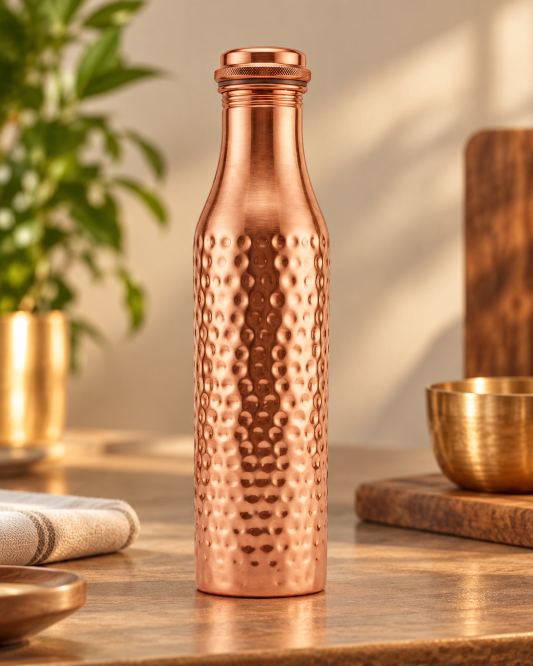 Premium Hammered Pure Copper Water Bottle 850ml with Tapered Neck – Leak-Proof Designer Ayurveda Health Flask with Knurled Dome Cap for Wellness, Gym, and Office
