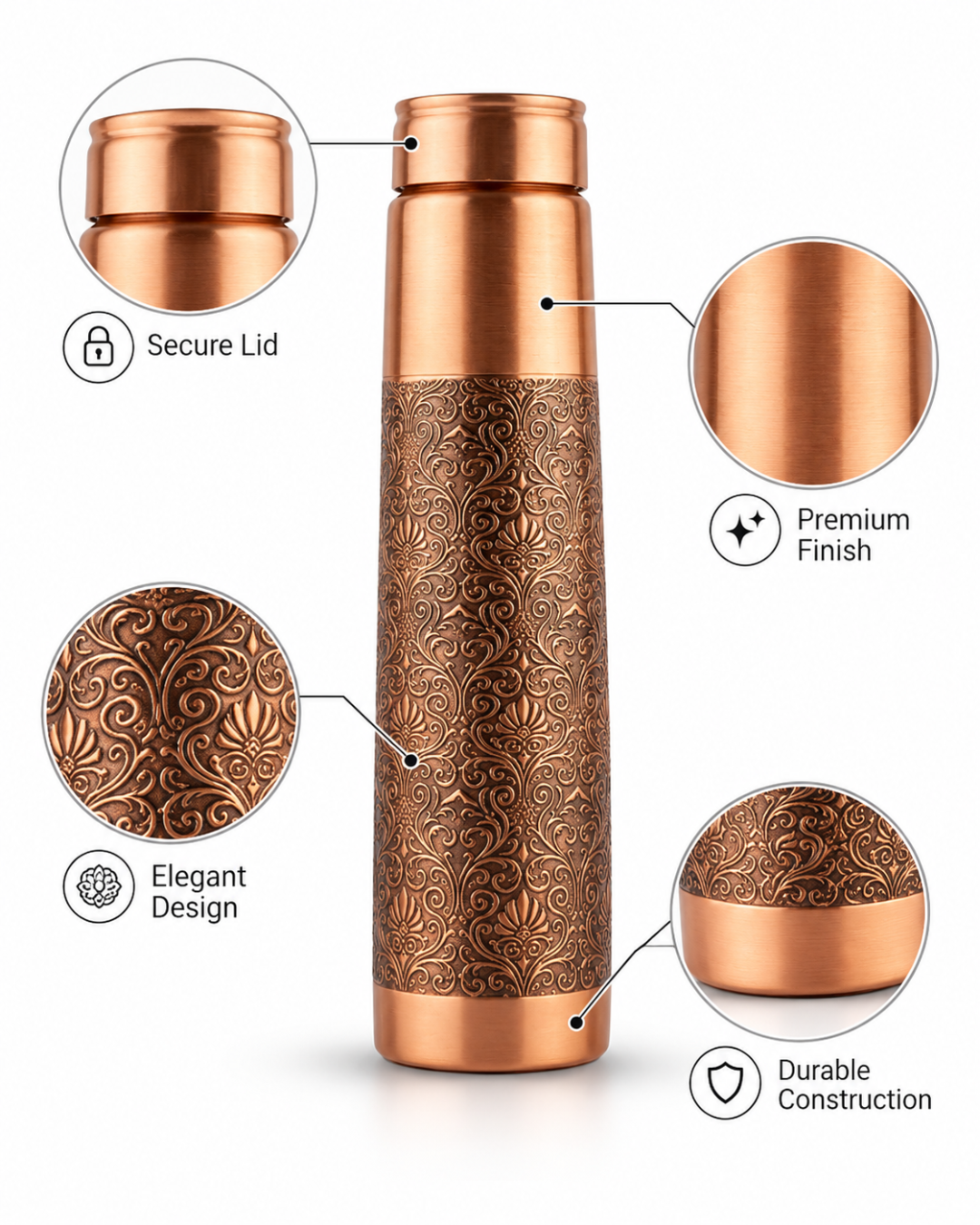 Premium Half-Engraved Pure Copper Water Bottle 800ml – Leak-Proof Tapered Designer Ayurveda Flask with Luxury Damask Filigree Pattern