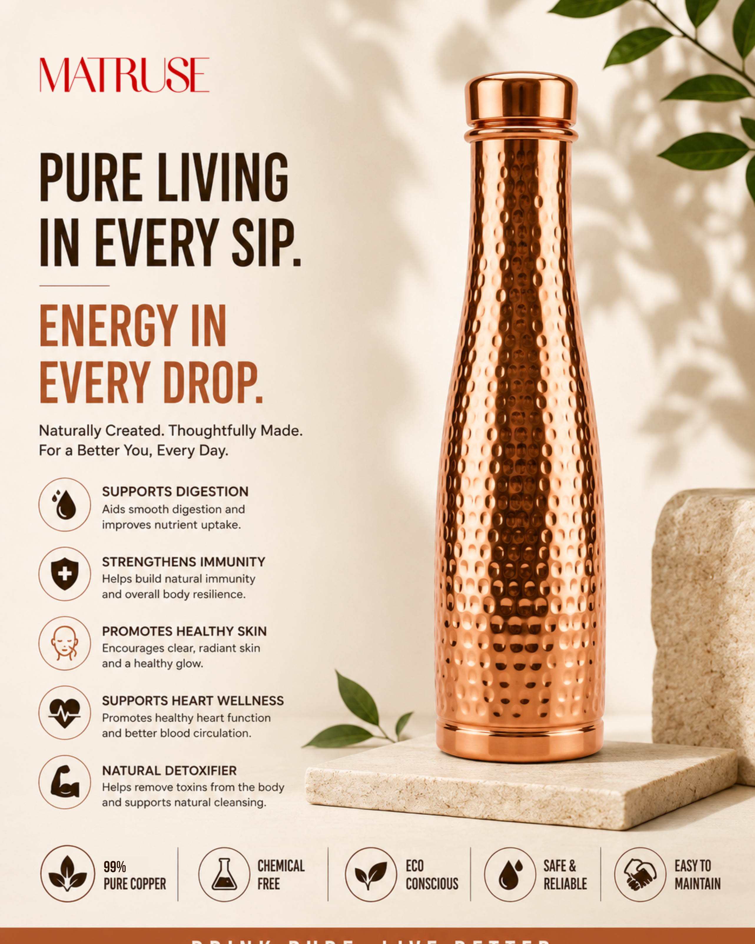 Premium Hammered Pure Copper Water Bottle with Sleek Curved Body – Leak-Proof Designer Ayurveda Health Flask with Minimalist Dome Cap