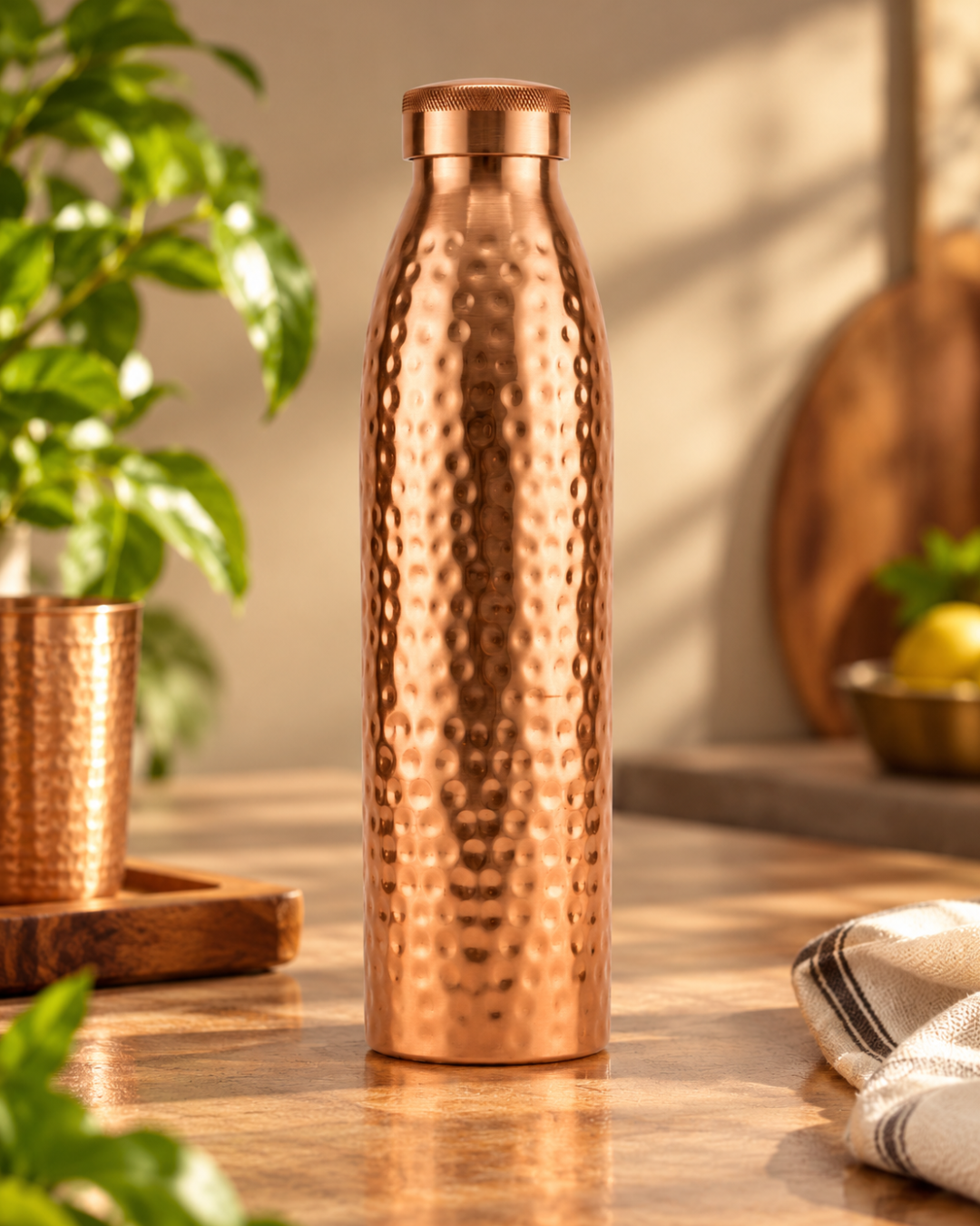 Premium Hammered Pure Copper Water Bottle 950ml – Leak-Proof Designer Ayurveda Health Flask with Flat Top Knurled Cap for Sports, Yoga, and Office Hydration
