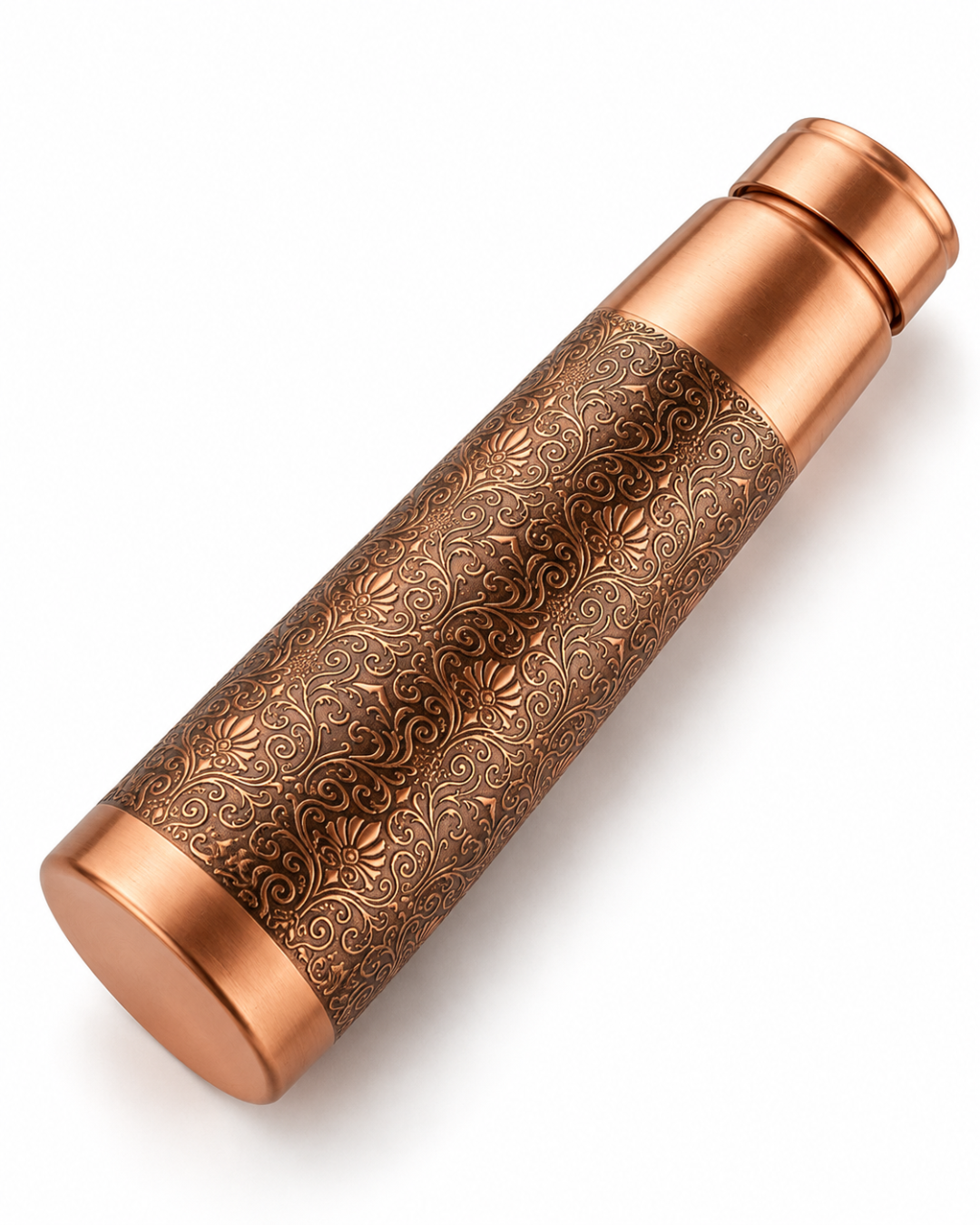 Premium Half-Engraved Pure Copper Water Bottle 800ml – Leak-Proof Tapered Designer Ayurveda Flask with Luxury Damask Filigree Pattern