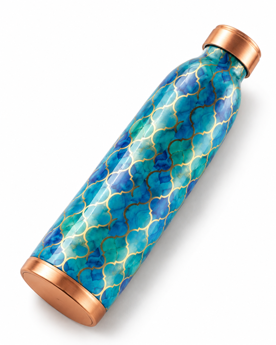 Premium Printed Copper Water Bottle 950ml with Luxury Moroccan Trellis Pattern – Leak-Proof Designer Ayurveda Health Flask for Wellness, Travel, and Office
