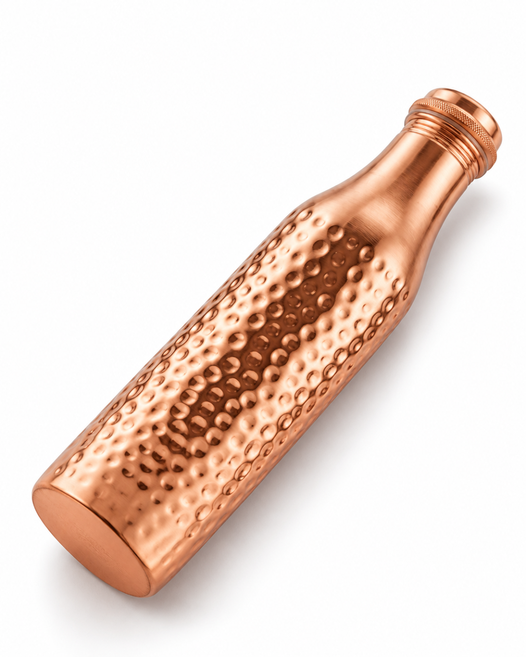 Premium Hammered Pure Copper Water Bottle 850ml with Tapered Neck – Leak-Proof Designer Ayurveda Health Flask with Knurled Dome Cap for Wellness, Gym, and Office
