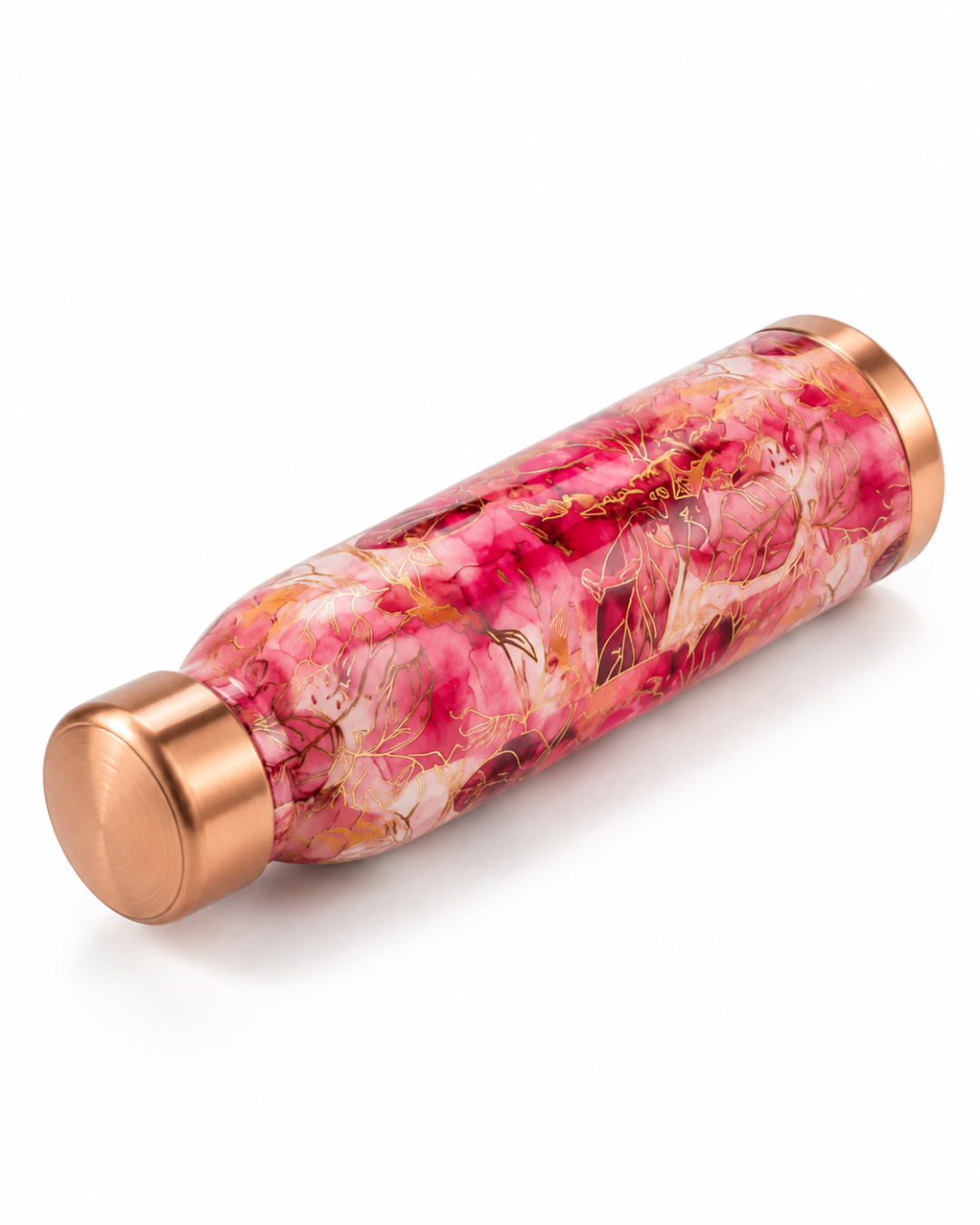 Premium Printed Copper Water Bottle 950ml with Luxury Pink Floral Design – Leak-Proof Designer Ayurveda Health Flask with Elegant Gold Accents