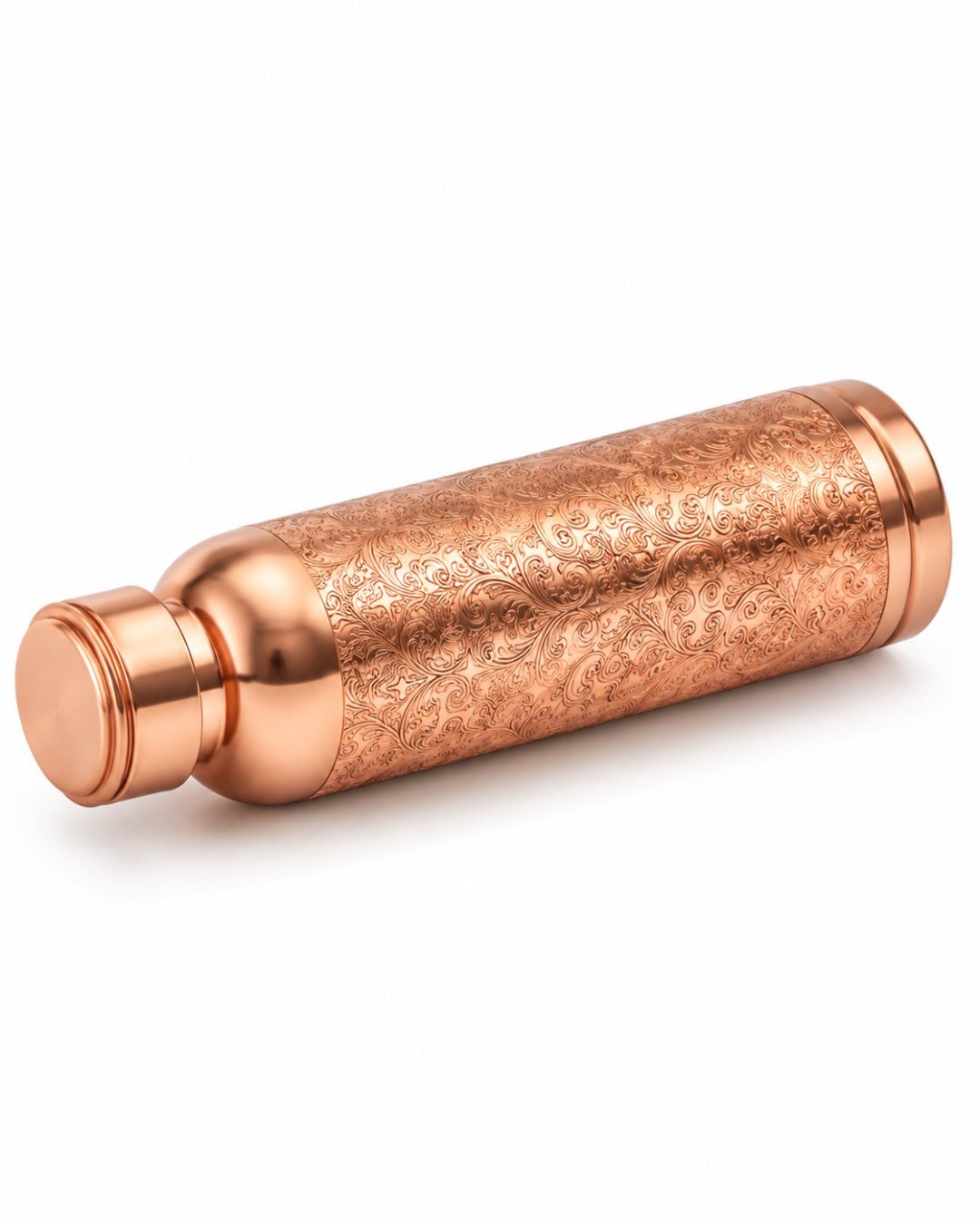 Premium Engraved Pure Copper Water Bottle – 900ml Leak-Proof Designer Ayurveda Health Flask with Luxury Damask Filigree Pattern & Flat Top Cap