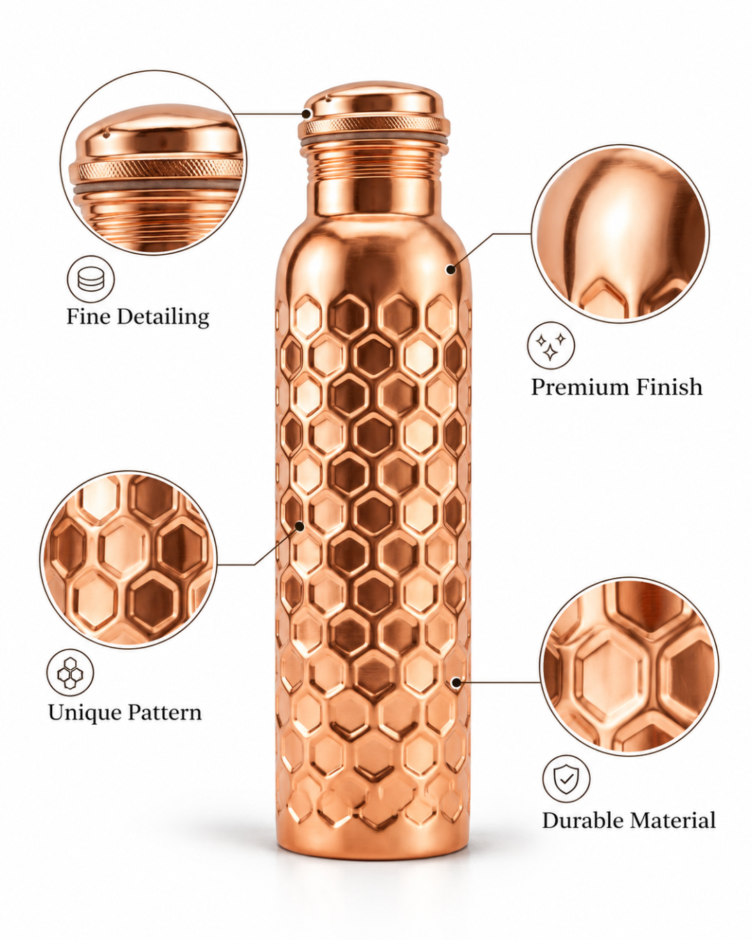 Premium Pure Copper Water Bottle 900ml with Honeycomb Hammered Design – Leak-Proof Ayurveda Health Flask for Wellness, Yoga, and Daily Hydration