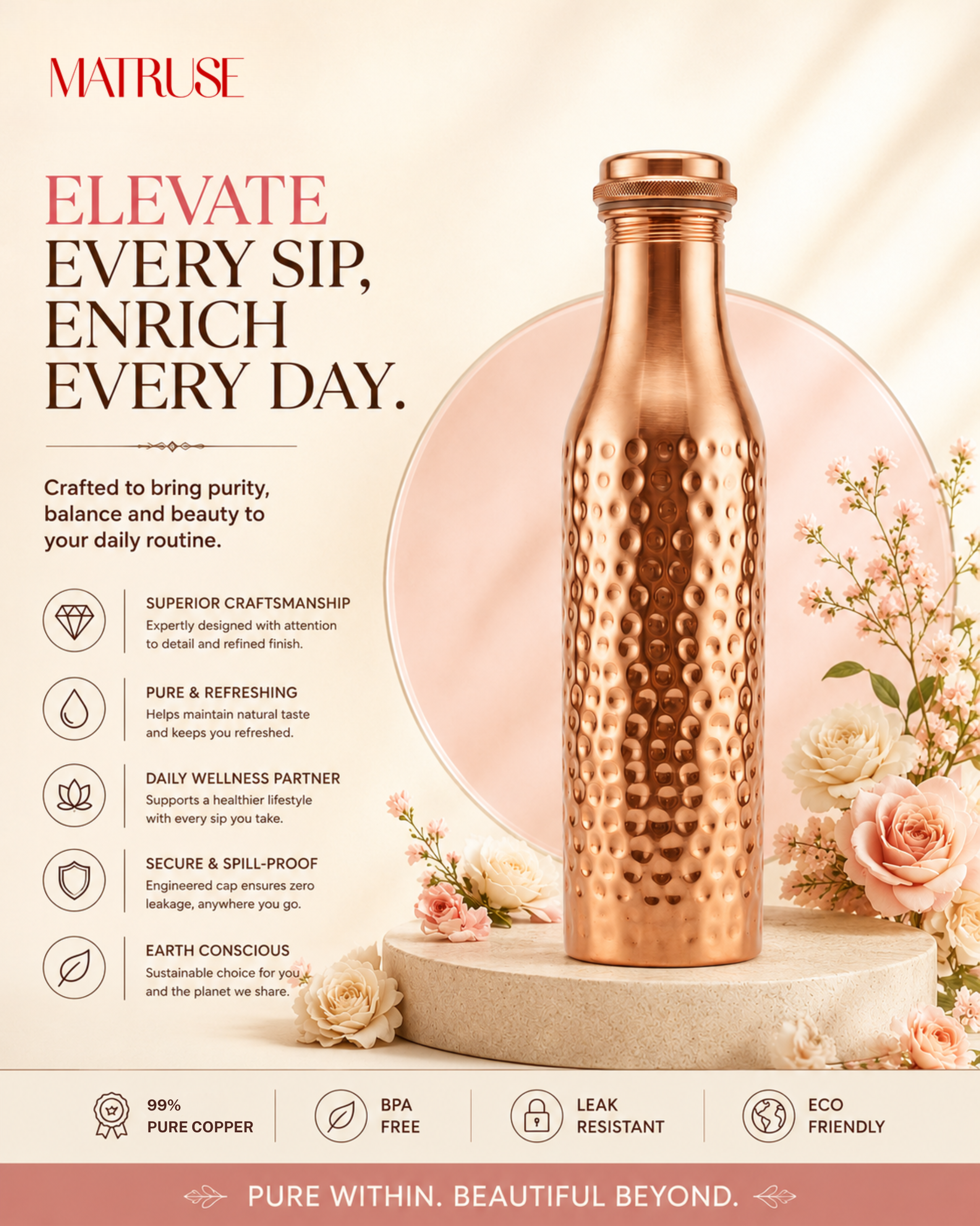 Premium Hammered Pure Copper Water Bottle 850ml with Tapered Neck – Leak-Proof Designer Ayurveda Health Flask with Knurled Dome Cap for Wellness, Gym, and Office
