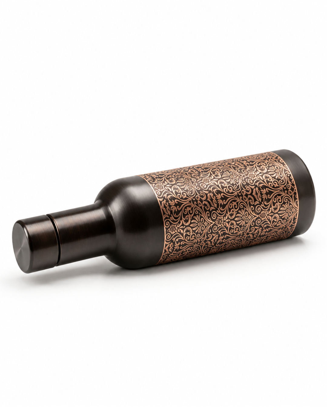 Luxury Antique Finish Copper Water Bottle 800ML – Leak-Proof Engraved Damask Pattern Designer Ayurveda Flask with Dark Brushed Finish