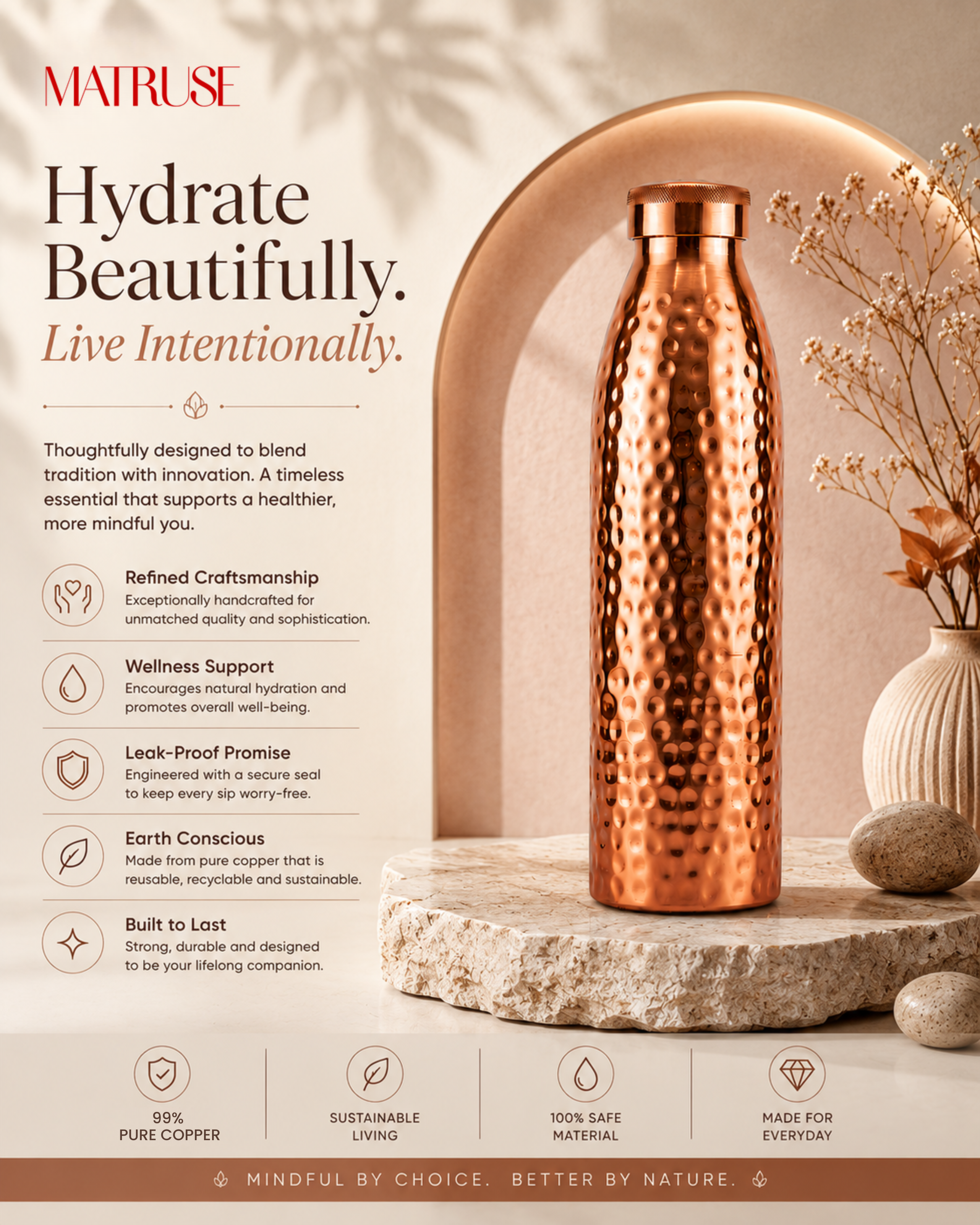 Premium Hammered Pure Copper Water Bottle 950ml – Leak-Proof Designer Ayurveda Health Flask with Flat Top Knurled Cap for Sports, Yoga, and Office Hydration