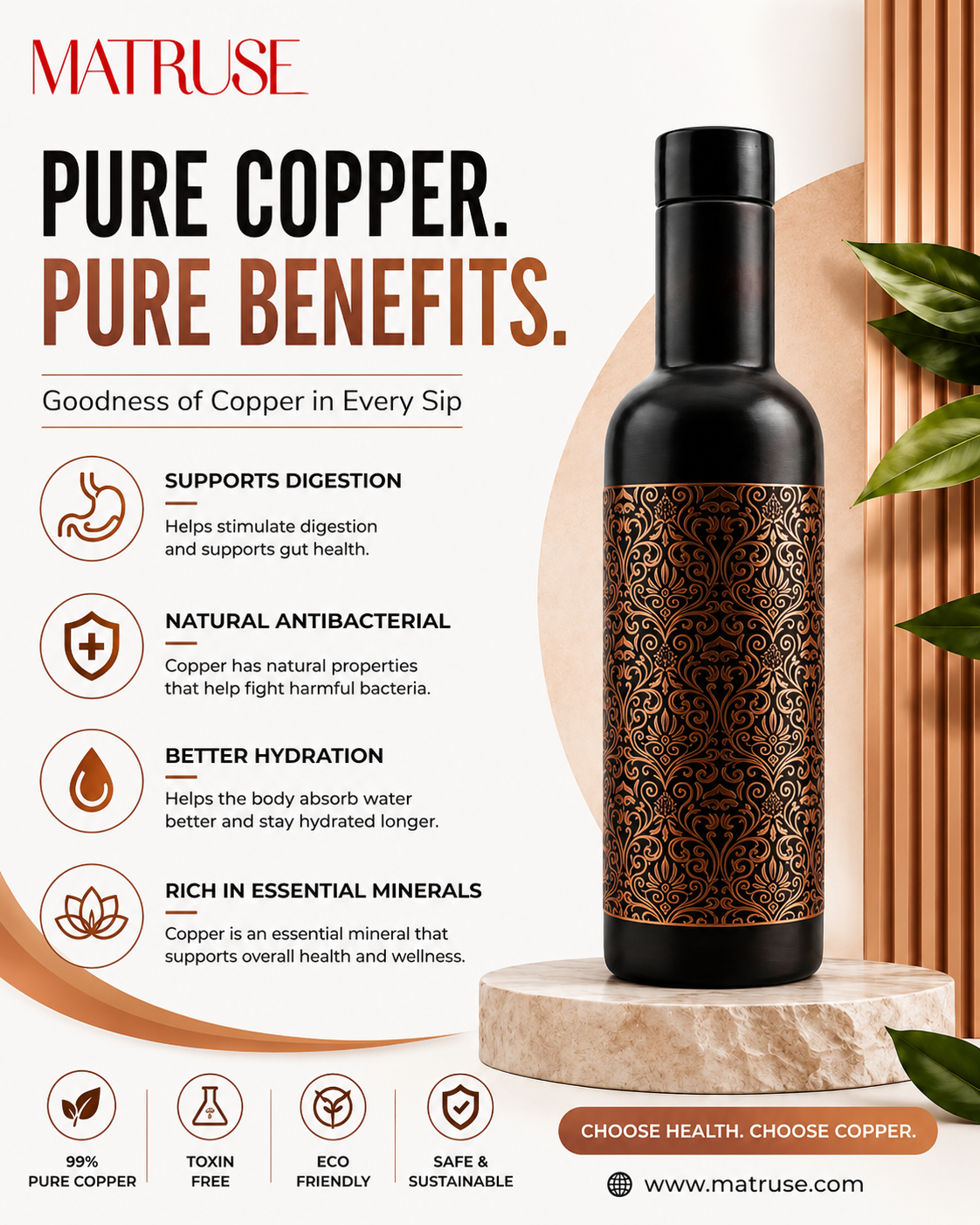Luxury Antique Finish Copper Water Bottle 800ML – Leak-Proof Engraved Damask Pattern Designer Ayurveda Flask with Dark Brushed Finish
