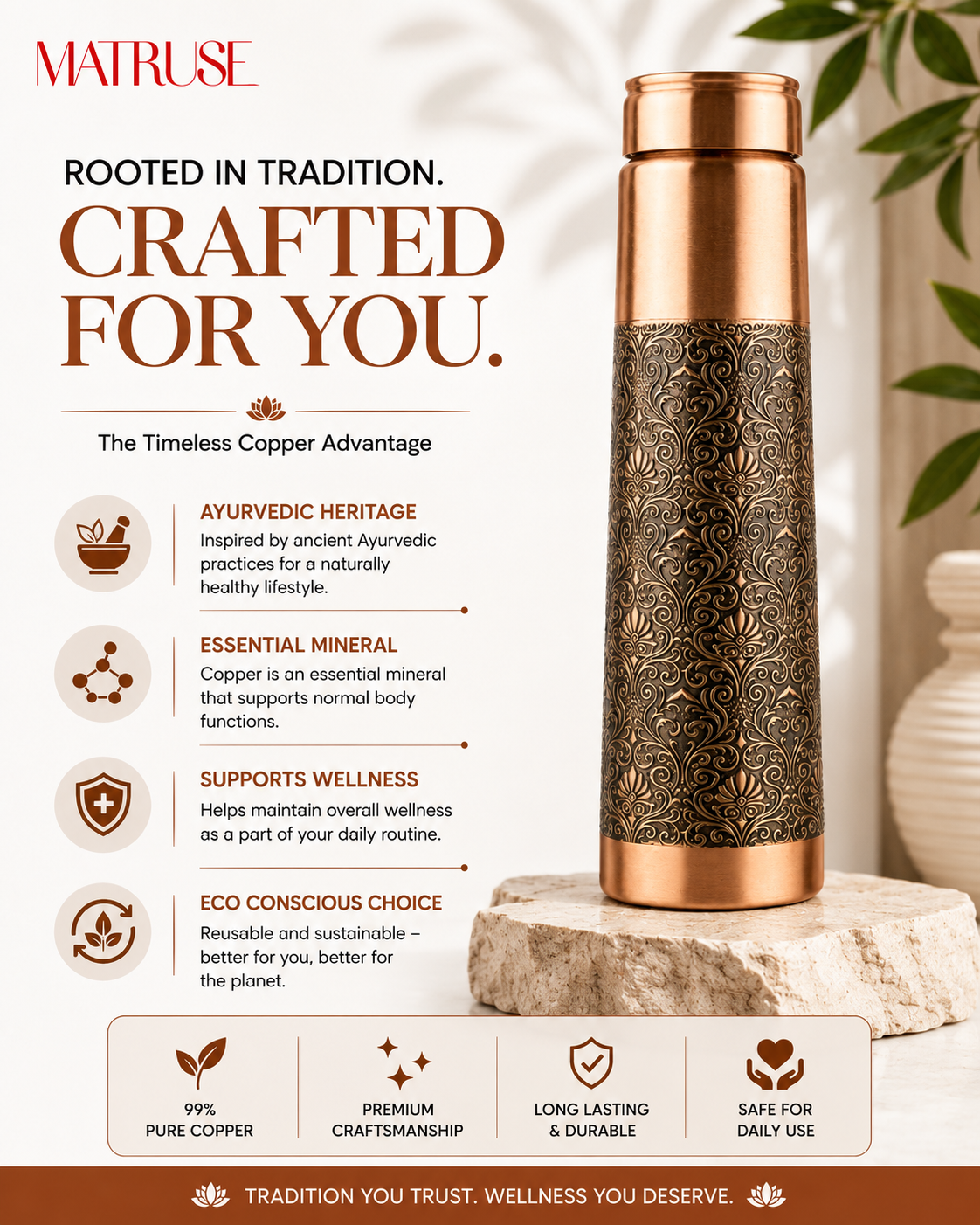 Premium Half-Engraved Pure Copper Water Bottle 800ml – Leak-Proof Tapered Designer Ayurveda Flask with Luxury Damask Filigree Pattern