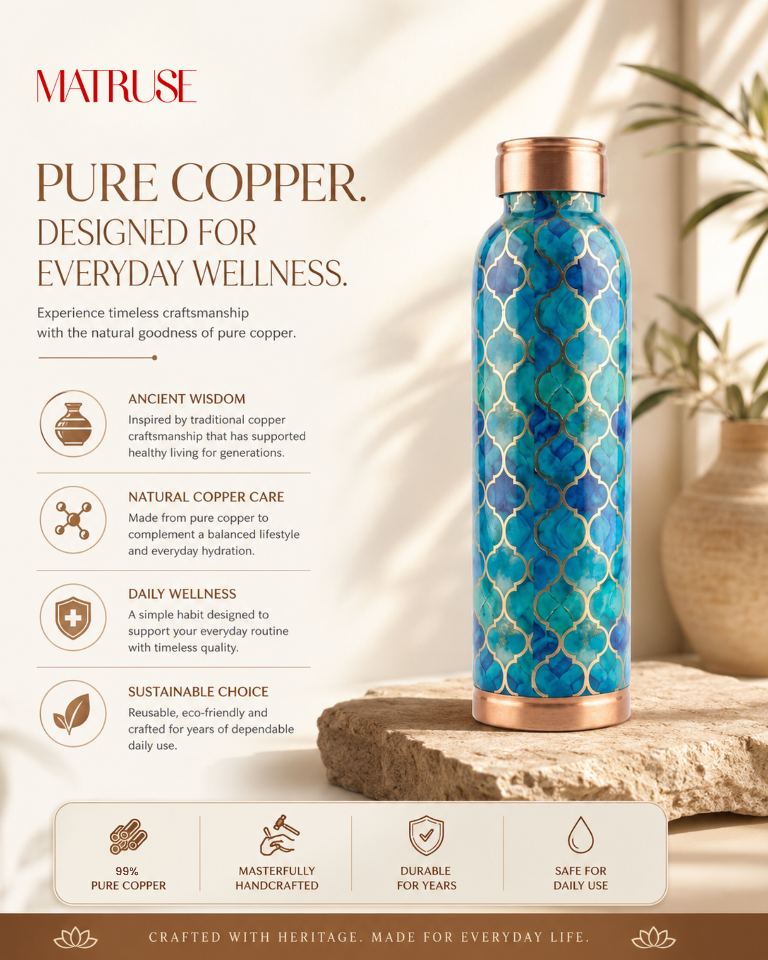 Premium Printed Copper Water Bottle 950ml with Luxury Moroccan Trellis Pattern – Leak-Proof Designer Ayurveda Health Flask for Wellness, Travel, and Office