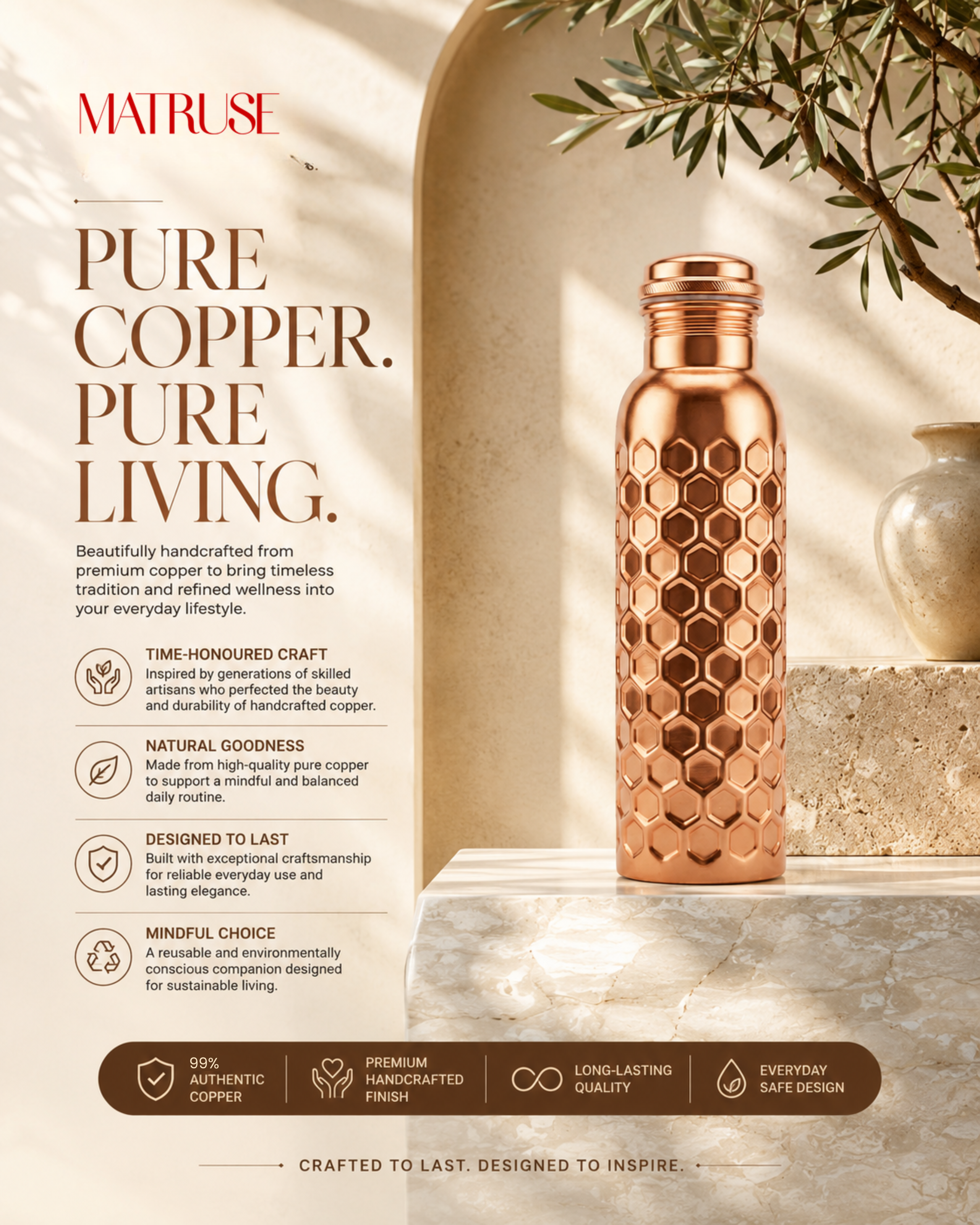 Premium Pure Copper Water Bottle 900ml with Honeycomb Hammered Design – Leak-Proof Ayurveda Health Flask for Wellness, Yoga, and Daily Hydration