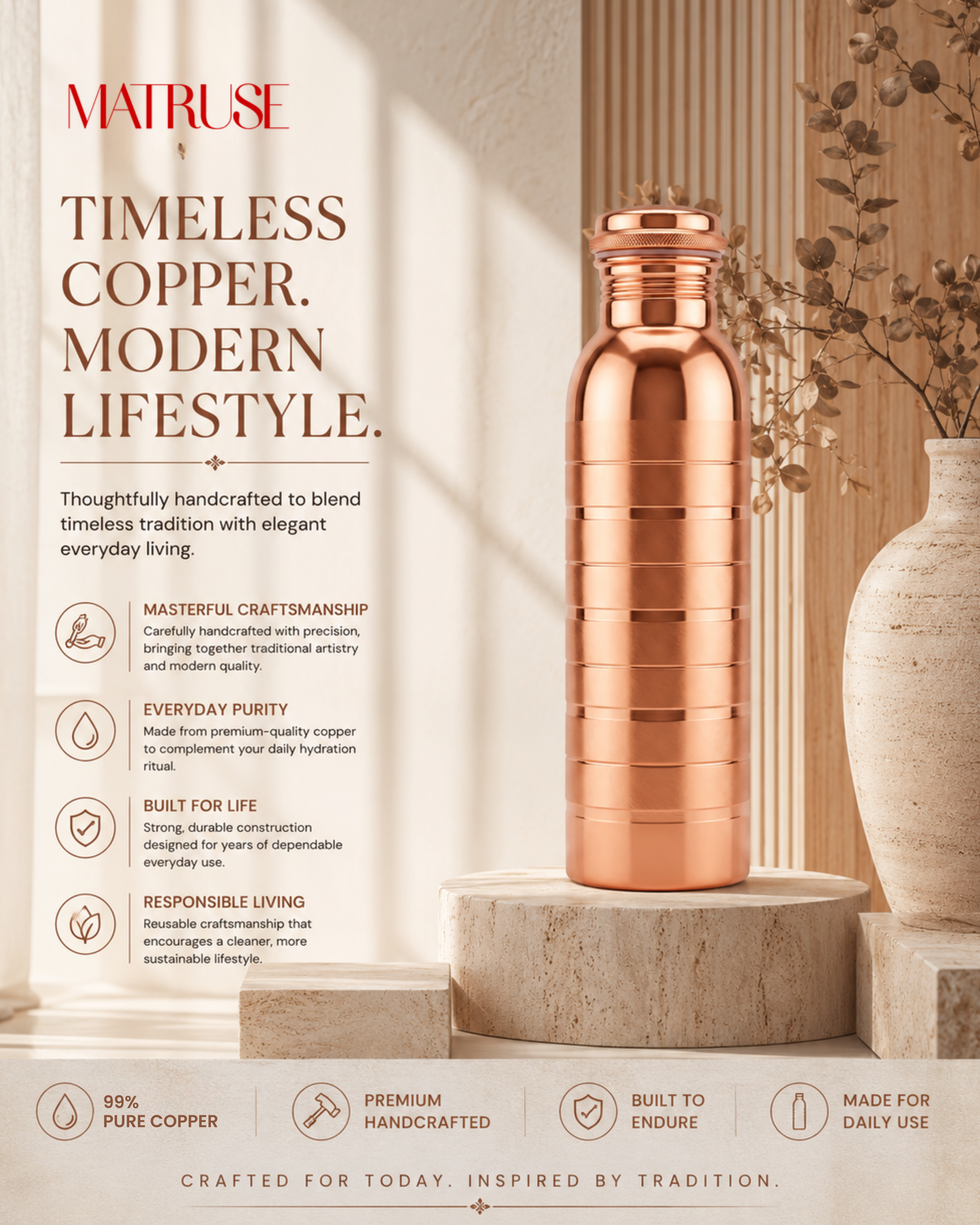 Premium Pure Copper Water Bottle with Horizontal Ring Linear Design – Leak-Proof Designer Ayurveda Health Flask with Matte & Glossy Accents