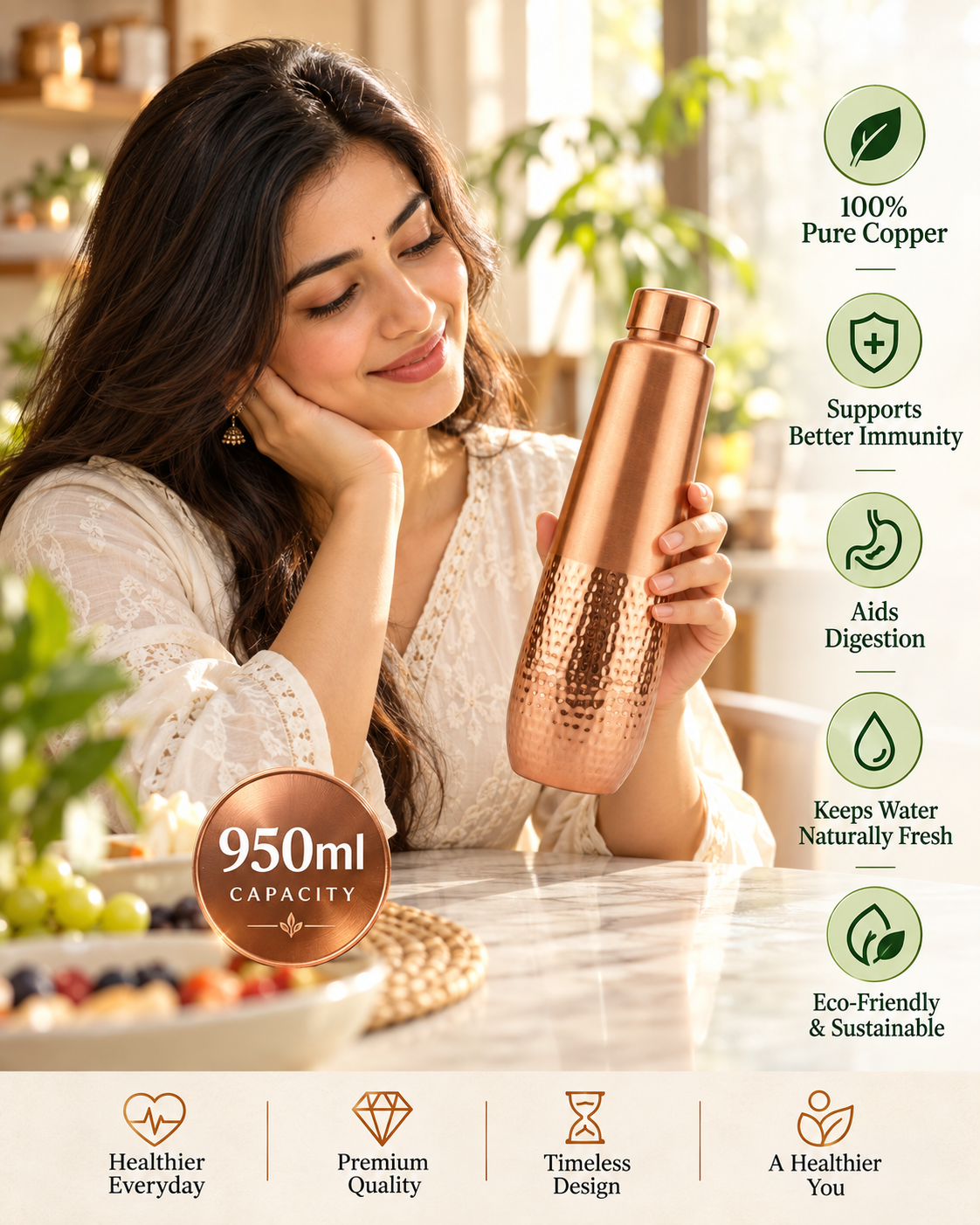 Premium Ergonomic Half-Hammered Copper Water Bottle 950ml – Leak-Proof Designer Ayurveda Flask for Sports, Gym, and Daily Hydration