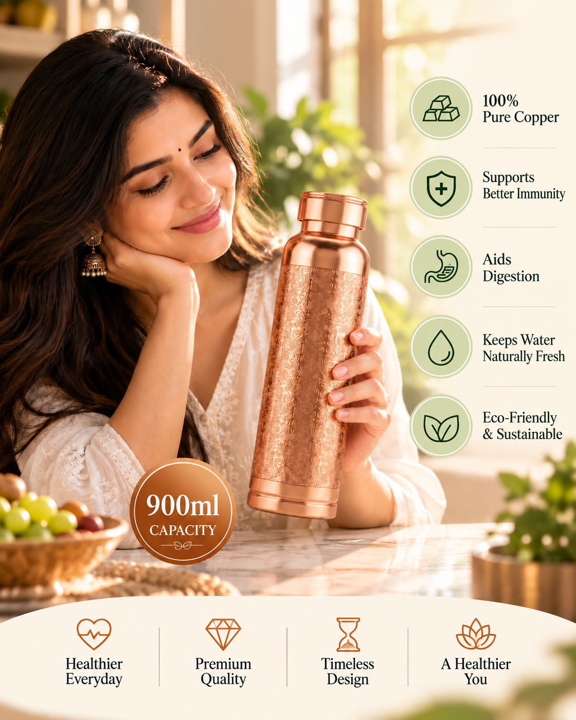 Premium Engraved Pure Copper Water Bottle – 900ml Leak-Proof Designer Ayurveda Health Flask with Luxury Damask Filigree Pattern & Flat Top Cap