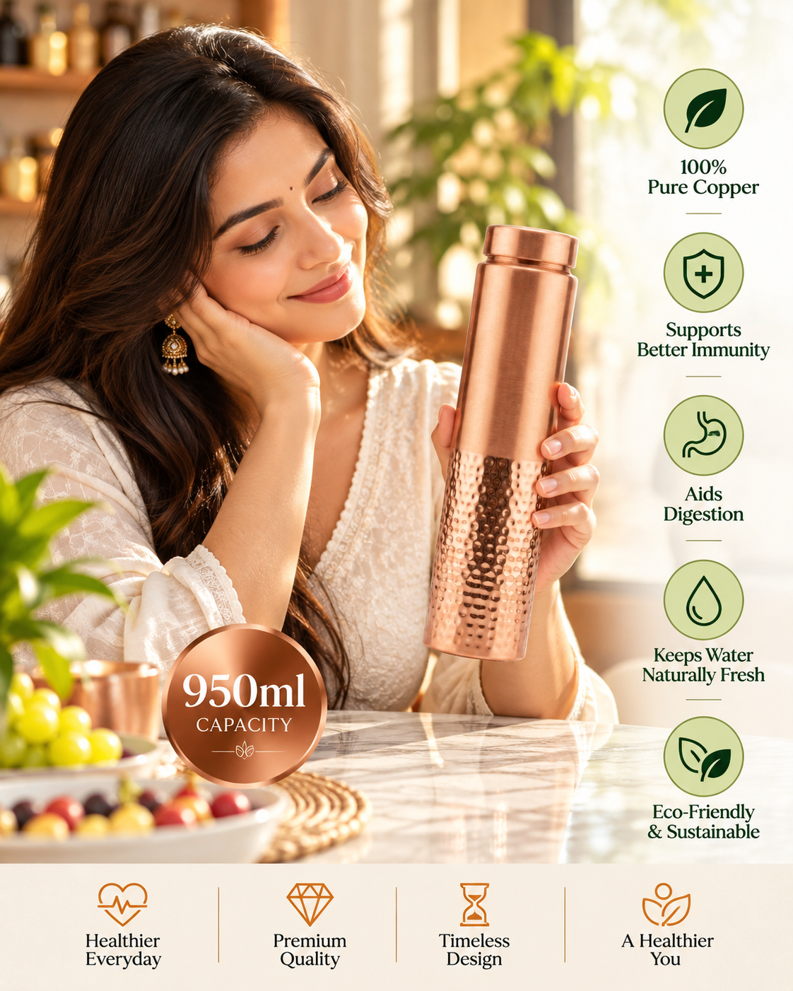 Premium Half-Hammered Pure Copper Water Bottle 950ml – Leak-Proof Dual-Texture Designer Ayurveda Flask for Fitness, Yoga, and Home Wellness