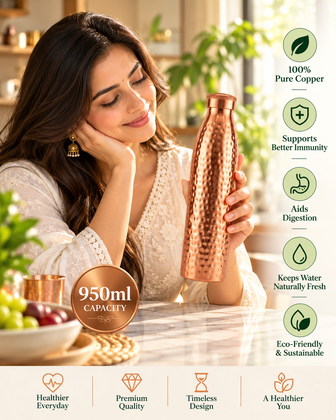 Premium Hammered Pure Copper Water Bottle 950ml – Leak-Proof Designer Ayurveda Health Flask with Flat Top Knurled Cap for Sports, Yoga, and Office Hydration